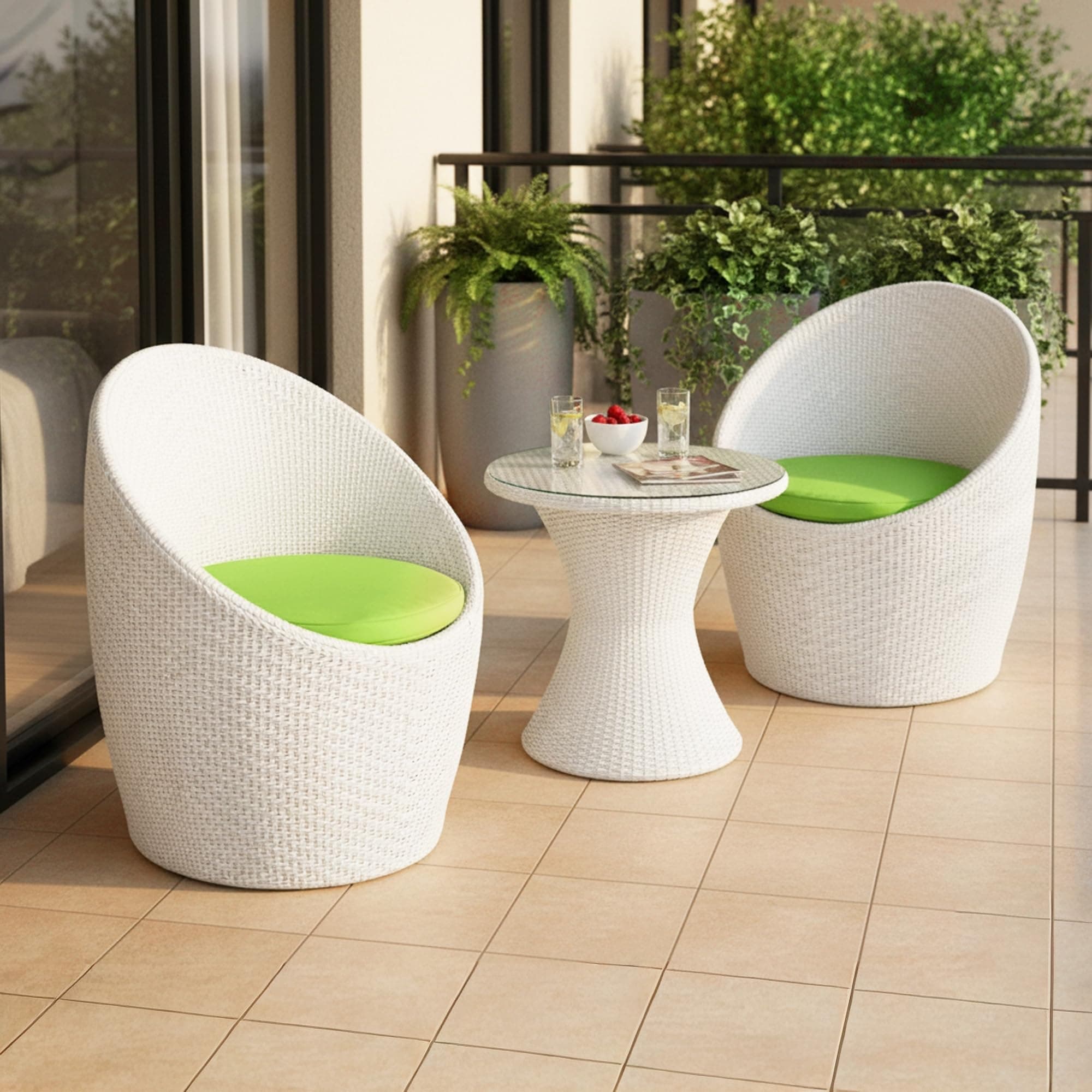 DEVOKO Liora Outdoor Conversation Hdpe Wicker Furniture Set with Cushions & Coffee Table for Small Space, Garden, Backyard, Porch, Pool (White & Light Green)