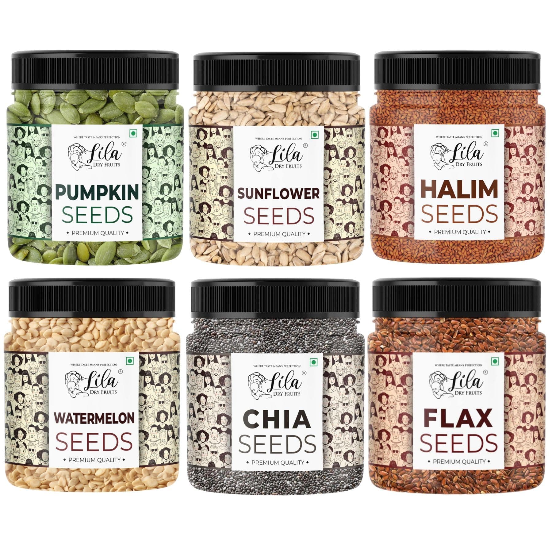 LILA DRY FRUITS Seeds Combo Pack Chia Flax Halim Pumpkin Sunflower Watermelon Seeds (100 g x 6) Premium All-In-One Seeds Combo Value pack | Perfect for Gifting