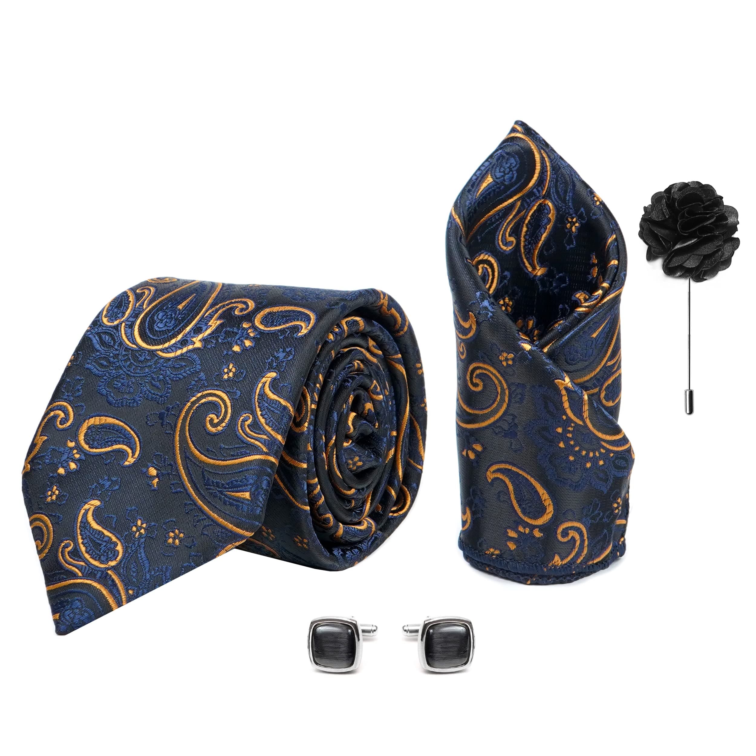 Axlon Tie for Men – Paisley Silk Neck Ties Set with Cufflinks Flower Pin, Pocket Square & Black Gift Box, Combo Necktie Sets for Office Wear, Formal Suits & Weddings (Navy Blue Gold, AX11_10)