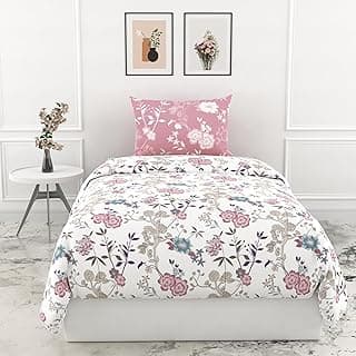 LORETO - A QUALITY LINEN BRAND 144 TC 100% Pure Cotton Bedsheet for Single Bed, 144TC Soft & Breathable Single Bed Sheet with Pillow Cover (Blush Pink & Teal Blooms, 54 x 84 Inches)