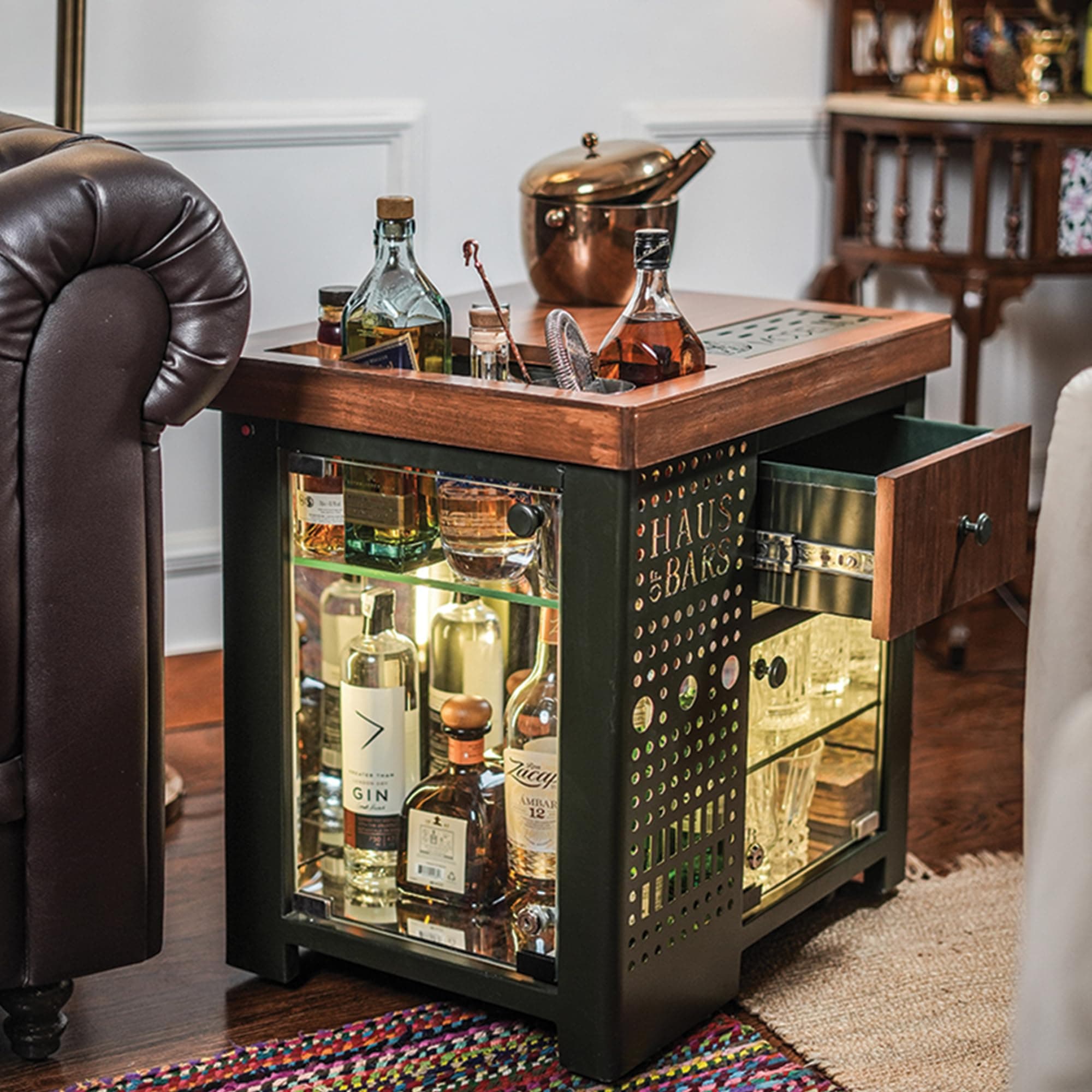 HAUS OF BARS by SpeedX - Model M Mini Home Bar, Royal Green with Left Side Display Cabinet