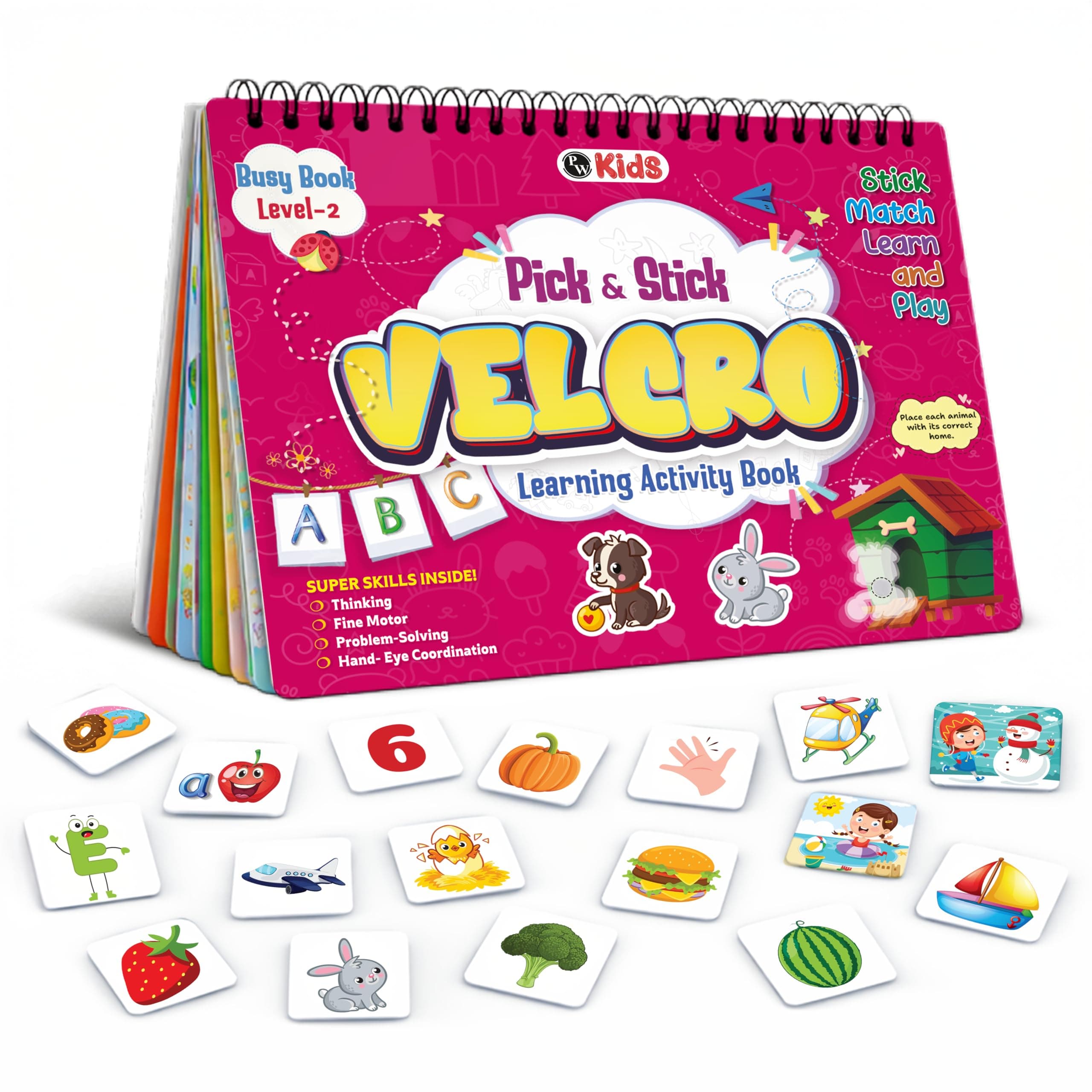 Pick & Stick Velcro Learning Activity Book For Kids | Busy Book Level 2 For 3+ Years Old Toddlers | Montessori DIYs, Skill Builder, Numbers, Alphabets, Animals, 5 Senses, Travel Vehicles, Kids Gifts