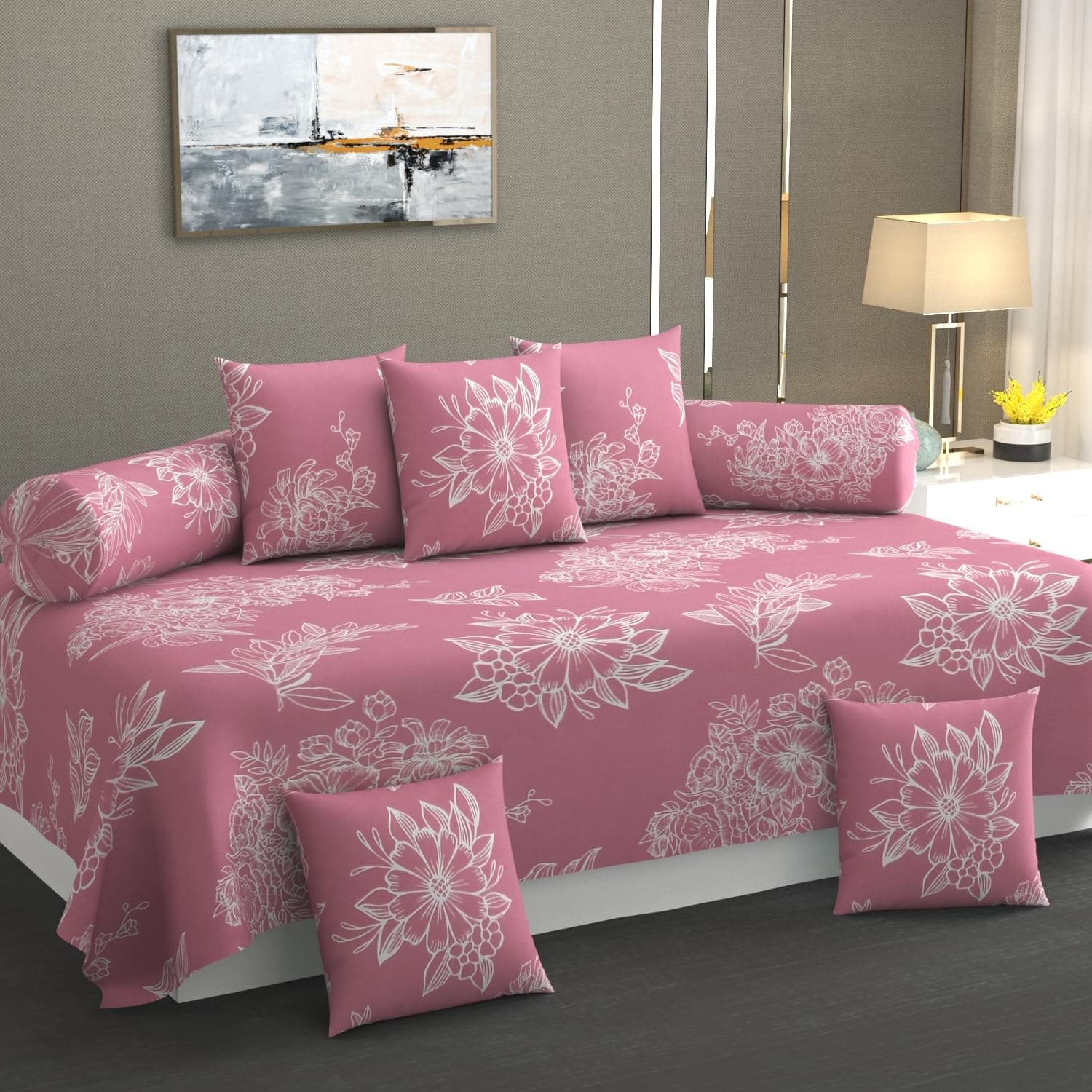 Sands® Home Soft Cotton Feel Diwan Set with 8 Pieces, 1 Single Bed Sheet with 5 Cushion Covers with Zipper and 2 Bolster Covers (diwan Cover Size 90x60 Inches)