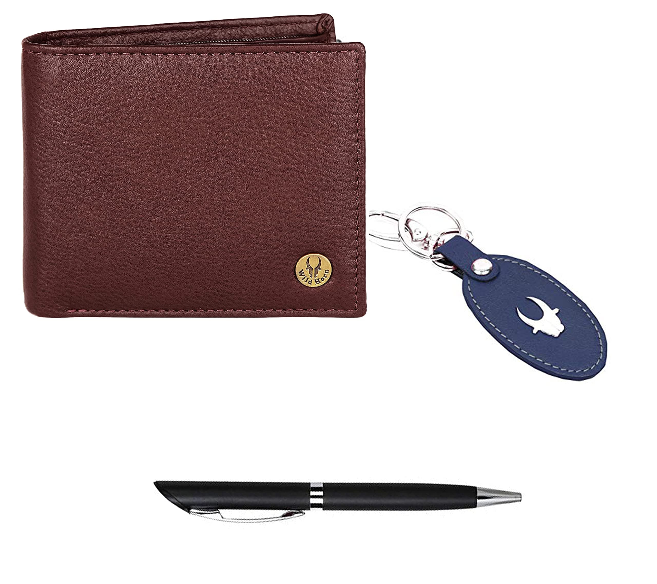 WildHorn Leather Wallet Keychain & Pen Combo for Men I Gift Hamper (GIFT2055+BLK S+BLU Kring)