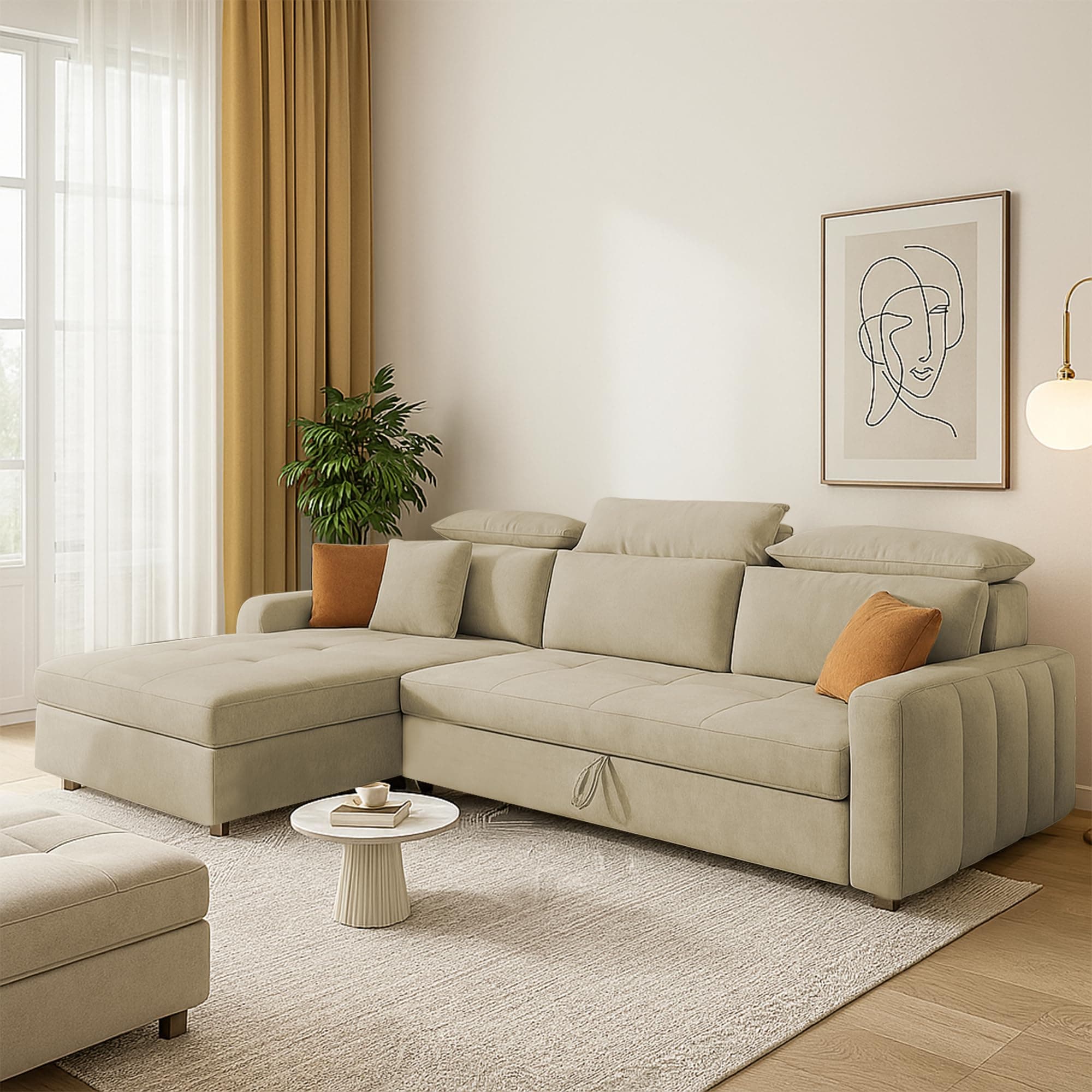 Casaliving Gagnon LHS 4 Seater L Shape Corner Sofa Cum Bed for Living Room (Cream Fabric) Premium Fabric Sofa Cum Bed