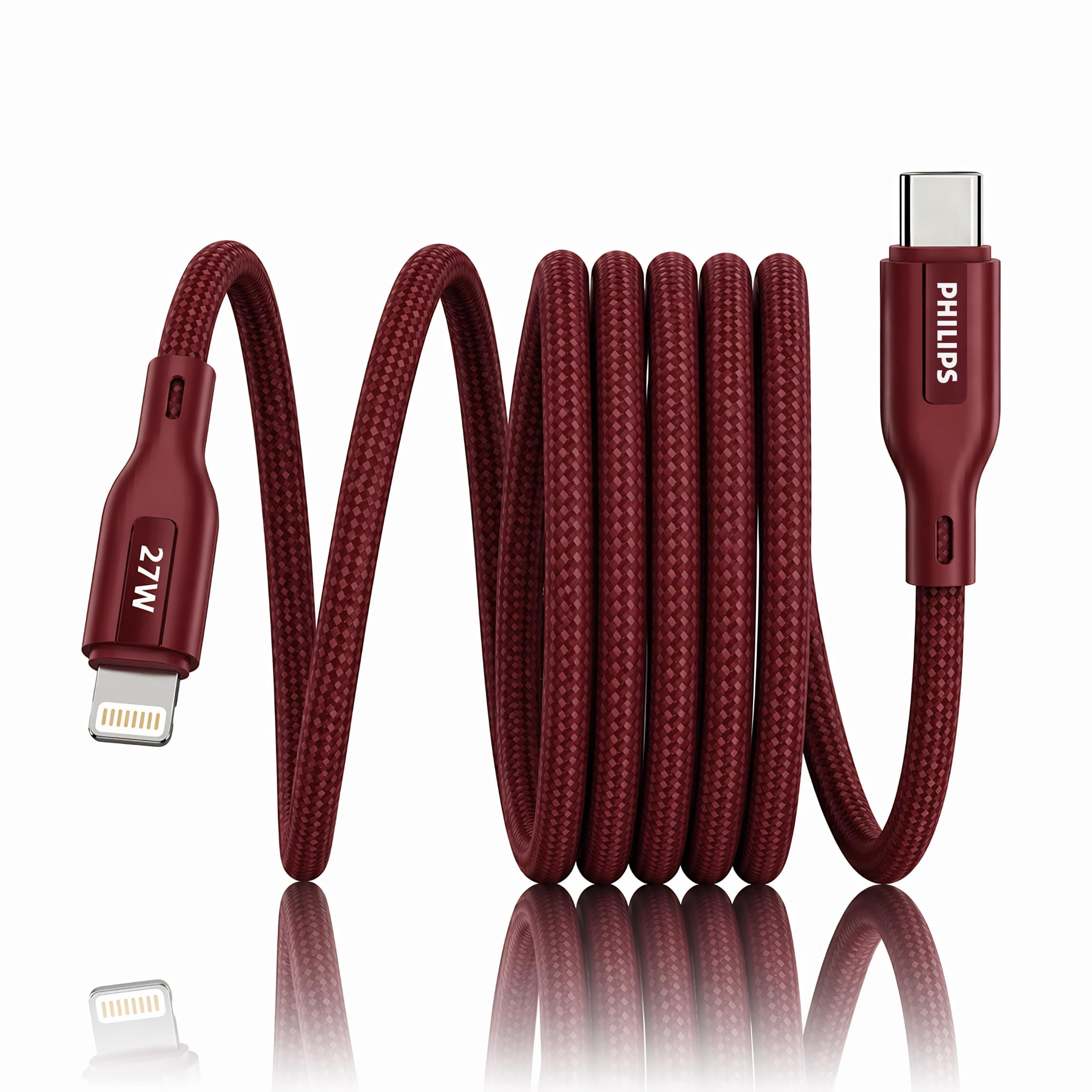 PHILIPS DLC4130LI/94 27W iPhone Original Type-C to Lightning Fast Charging Cable (1m, Iron Red) | MFi Certified | 480Mbps Data Sync | Nylon Braided | Compatible with iPhone & Other Lightning Devices