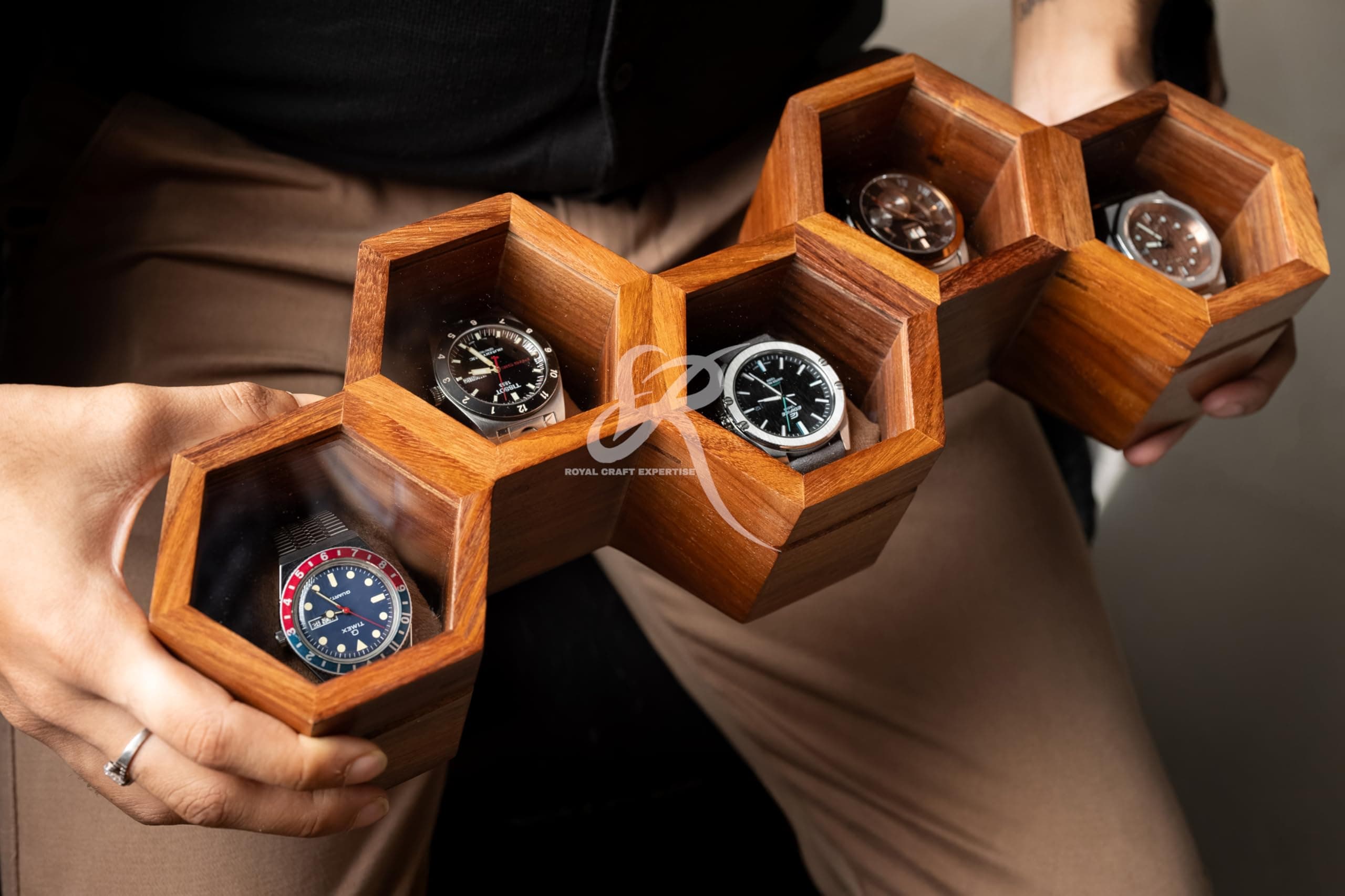 Premium 5-Slot Wooden Timepiece Display Case – Handcrafted Honeycomb Watch Box for Men in Superior Indian Rosewood | Hinged Glass Cover – Father’s Day Gift – Luxury Built to Last