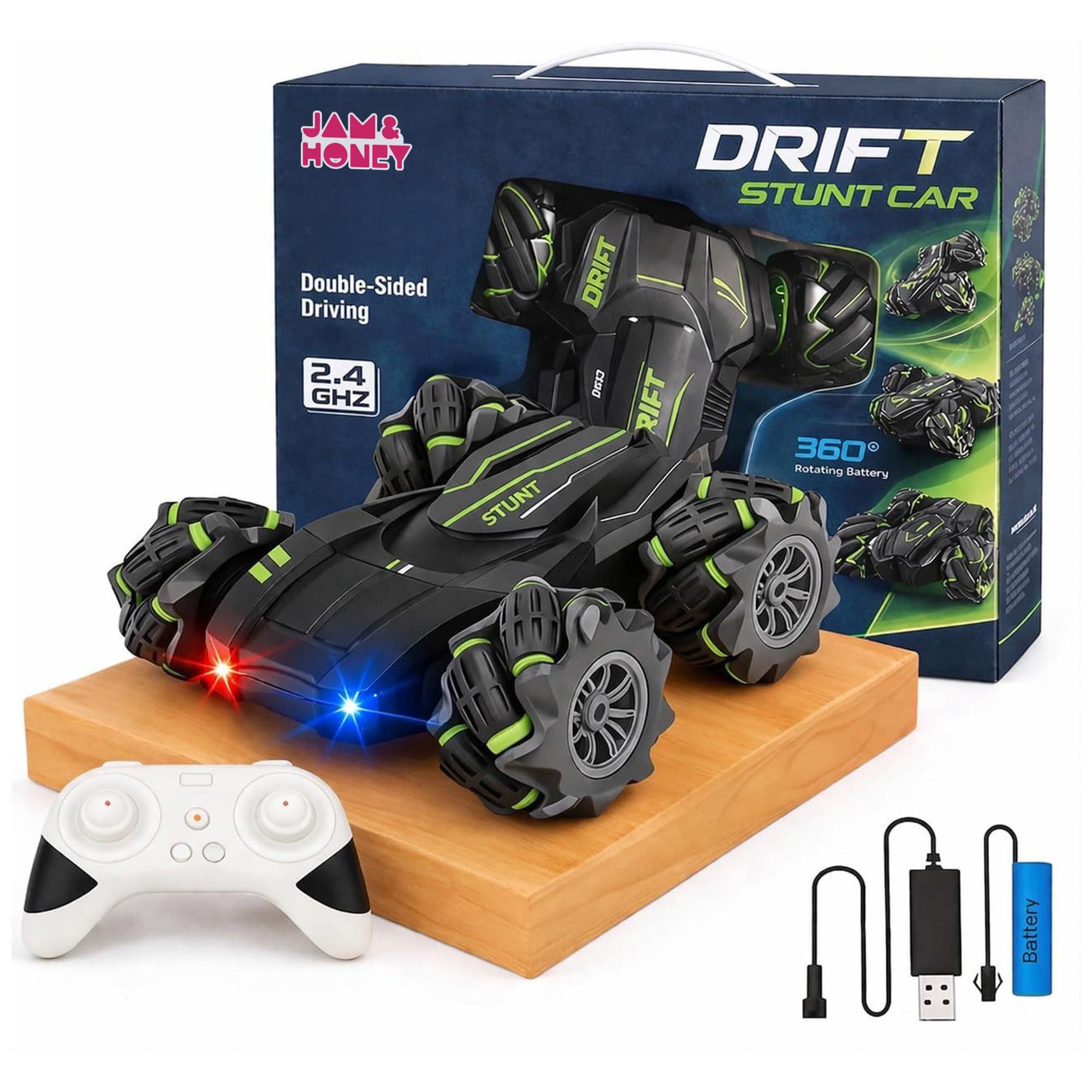 Amazon Brand - Jam & Honey Remote Control Drift Stunt Car Toy | 4x4 RC Car for Kids & Adult | High Speed Racing Car | Omni-Directional Wheels | 360° Rotation | Double Sided Driving | RGB Lights Music