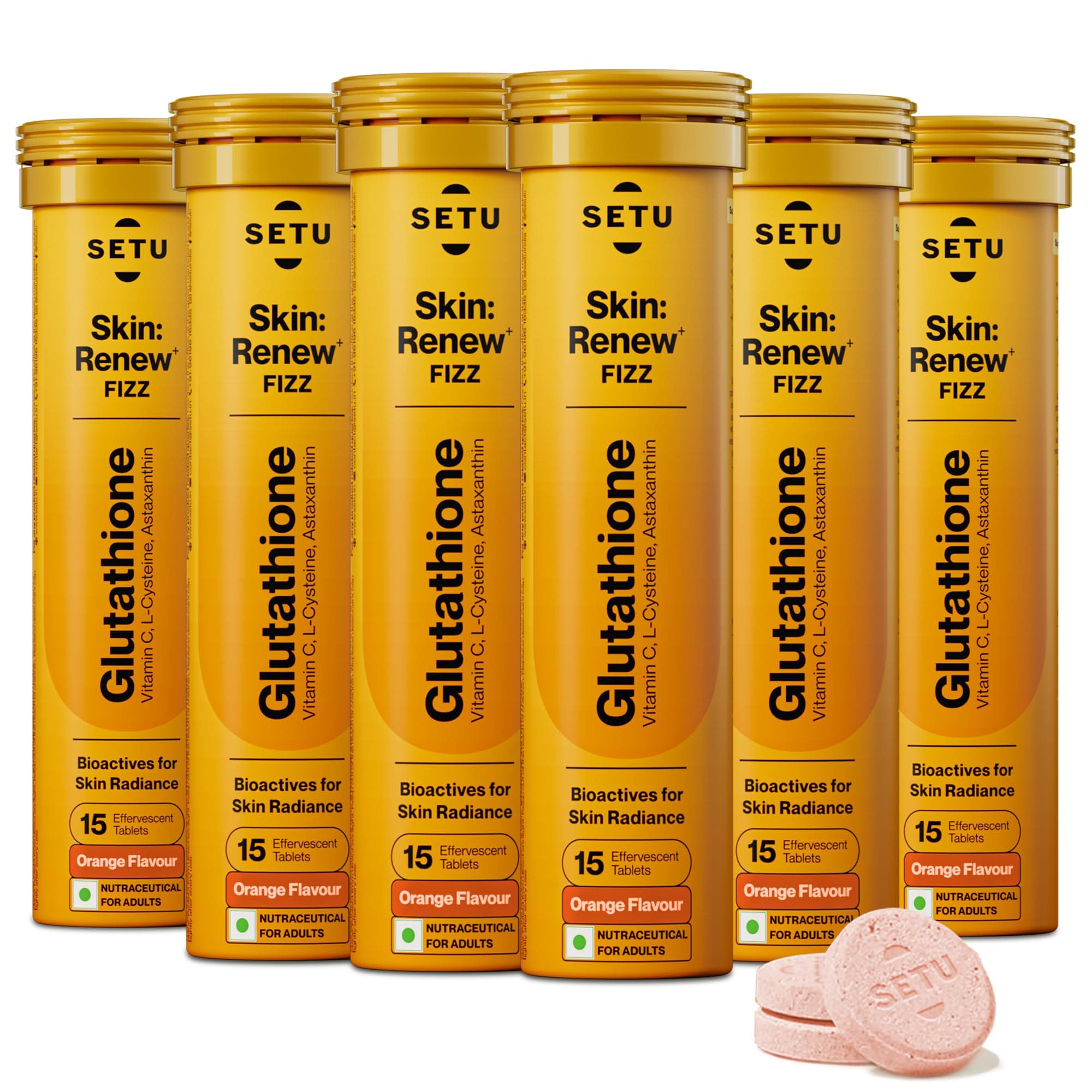 Setu Skin Renew Glutathione Tablets for Glowing Skin | 90 Effervescent Tablets with 500mg L-Glutathione & Vitamin C | Sugar-free Antioxidant & Skin Glow Supplement for Clear Skin | Orange (Pack of 6)