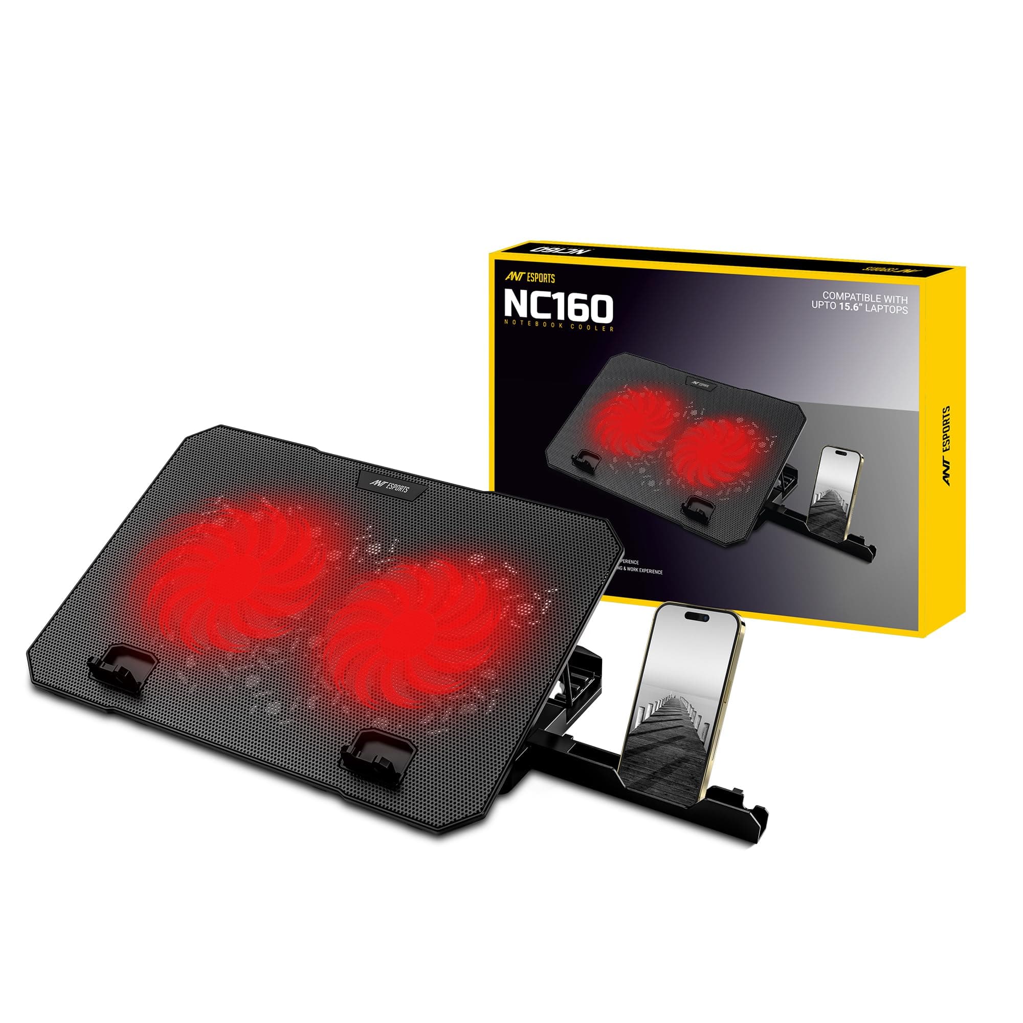 Ant Esports NC160 Laptop Cooling Pad, Laptop Cooler with Mobile Holder 2 * 1 125mm Quite Fans at 1000 RPM Fan Speed Controller 5 Height Adjustable Angle 2USB Ports Compatible for Laptop up to 15.6”
