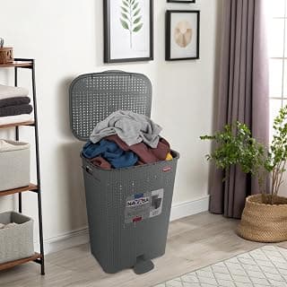 Nayasa Rope 57.5 Liters Plastic Laundry Basket for Clothes with Lid | Pedal Laundry Bag for Clothes | Laundry Basket Plastic | Clothes Basket | Multipurpose Basket for Storage | Grey