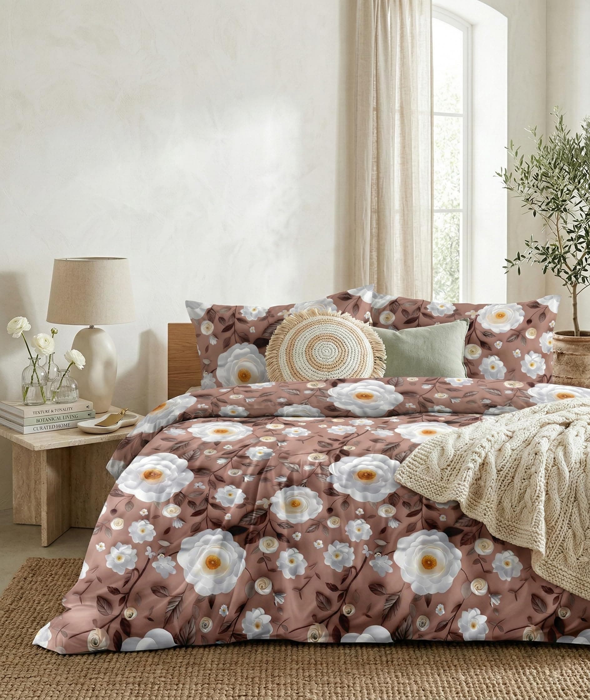 LOOMLYFE 300 TC Microfiber XXL Soft Cotton Super King Size Bedsheet for Double Bed, King Size 108 Inches X 108 Inches, 9 Feet, 275 X 275 cm with 2 Large Size Pillow Covers - BrownWhiteFlower