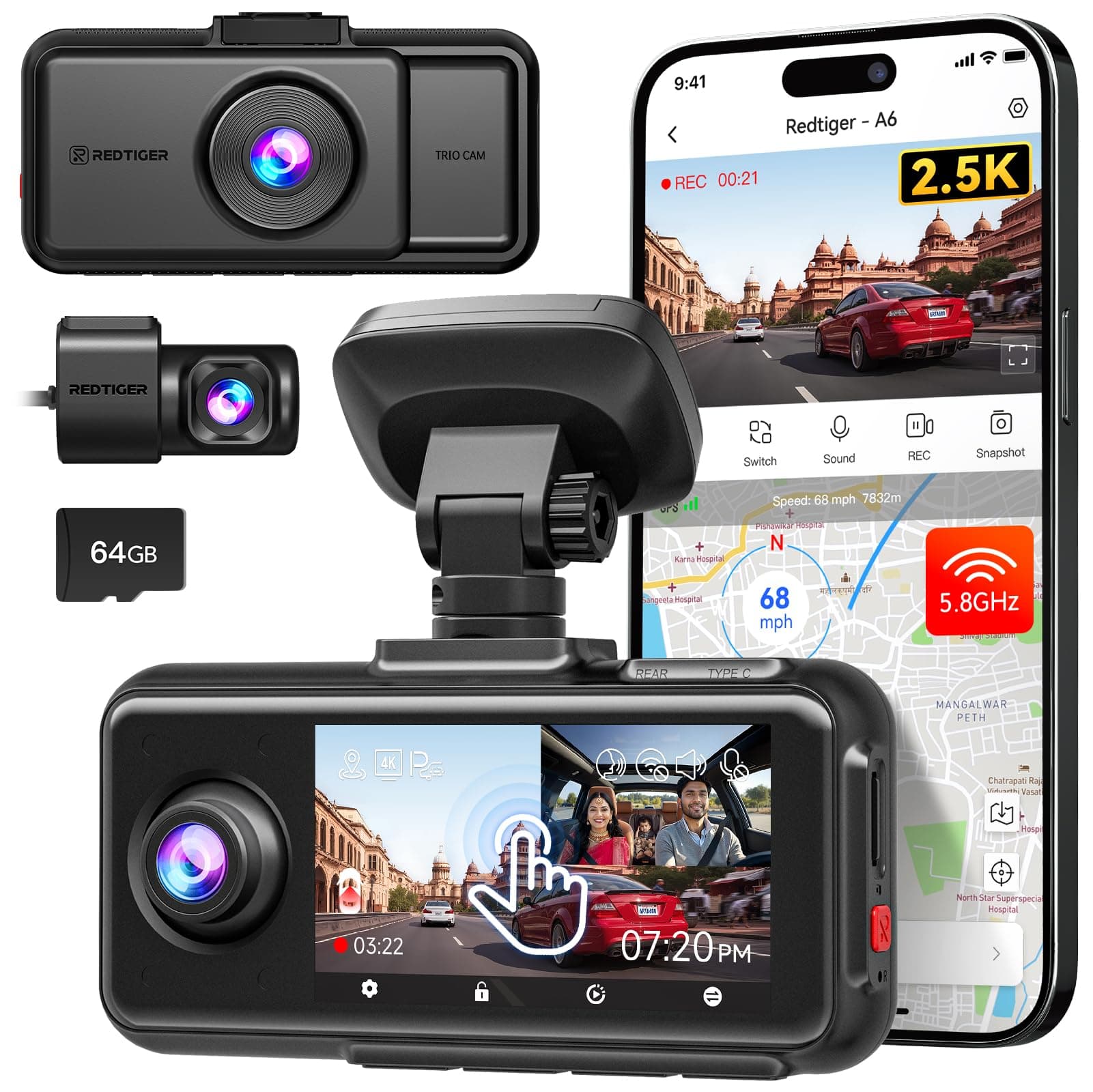 REDTIGER A6 3 Channel 2.5K Front + 1080P Rear and Interior Dash Cam with 64GB Card, Switch to 4K +1080P Dual Camera Mode, 5G WiFi GPS, 3" Touch Screen, Voice Control, Adjustable Mount and Cabin Camera