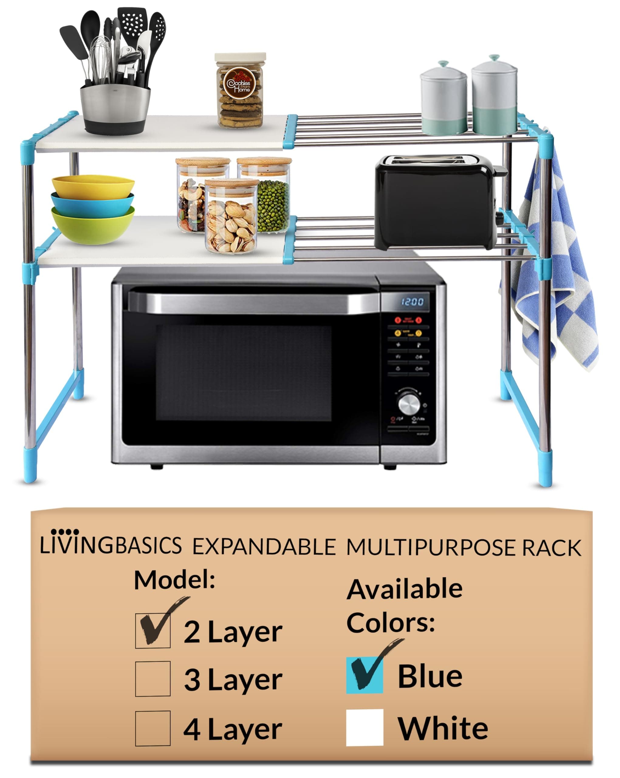 LIVINGBASICS 2 Layer Stainless Steel Multipurpose Expandable/Adjustable Shelf Stand for Wardrobe Organizer for Clothes/Kitchen Storage/Over The Microwave/OTG/Shoes Rack/Office (Cyan Blue)