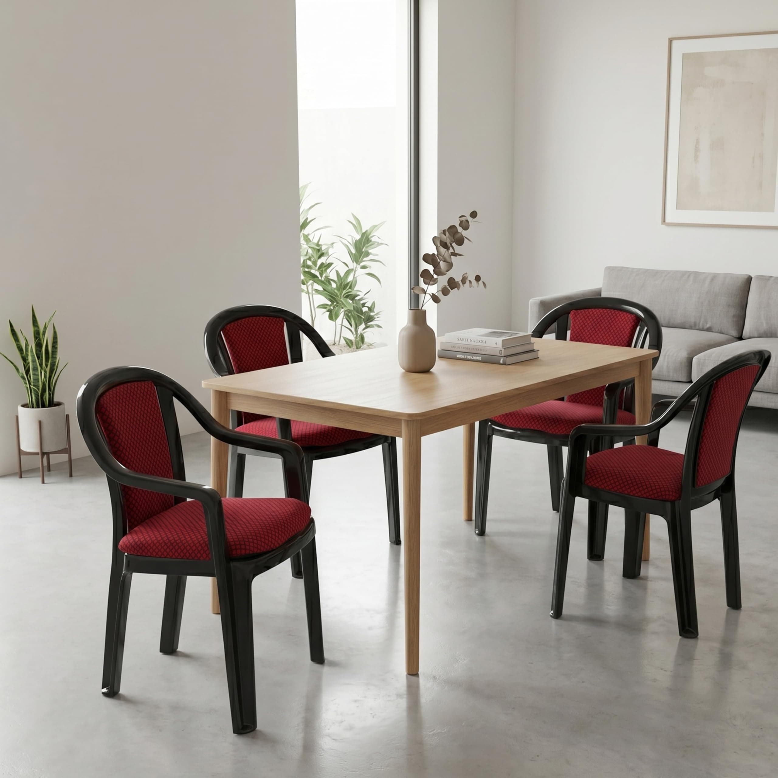 Oaknest Unboxing Furniture Supreme Ornate Cushioned Heavy Plastic Arm Chair For Home And Office (Count:4 Pcs; Color:Red/Black)
