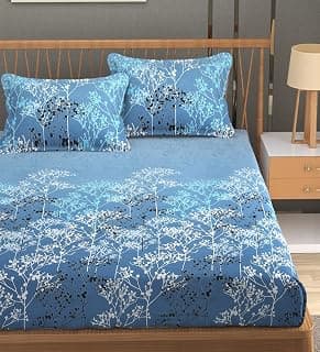 Mafatlal 186 TC Autumn Delight Cotton Bedsheet for King Size Bed | 108 x 108 Inches | Cooling Breathable Summer Bedding | Soft Durable Fabric with 2 Pillow Covers | Moonlit Blue