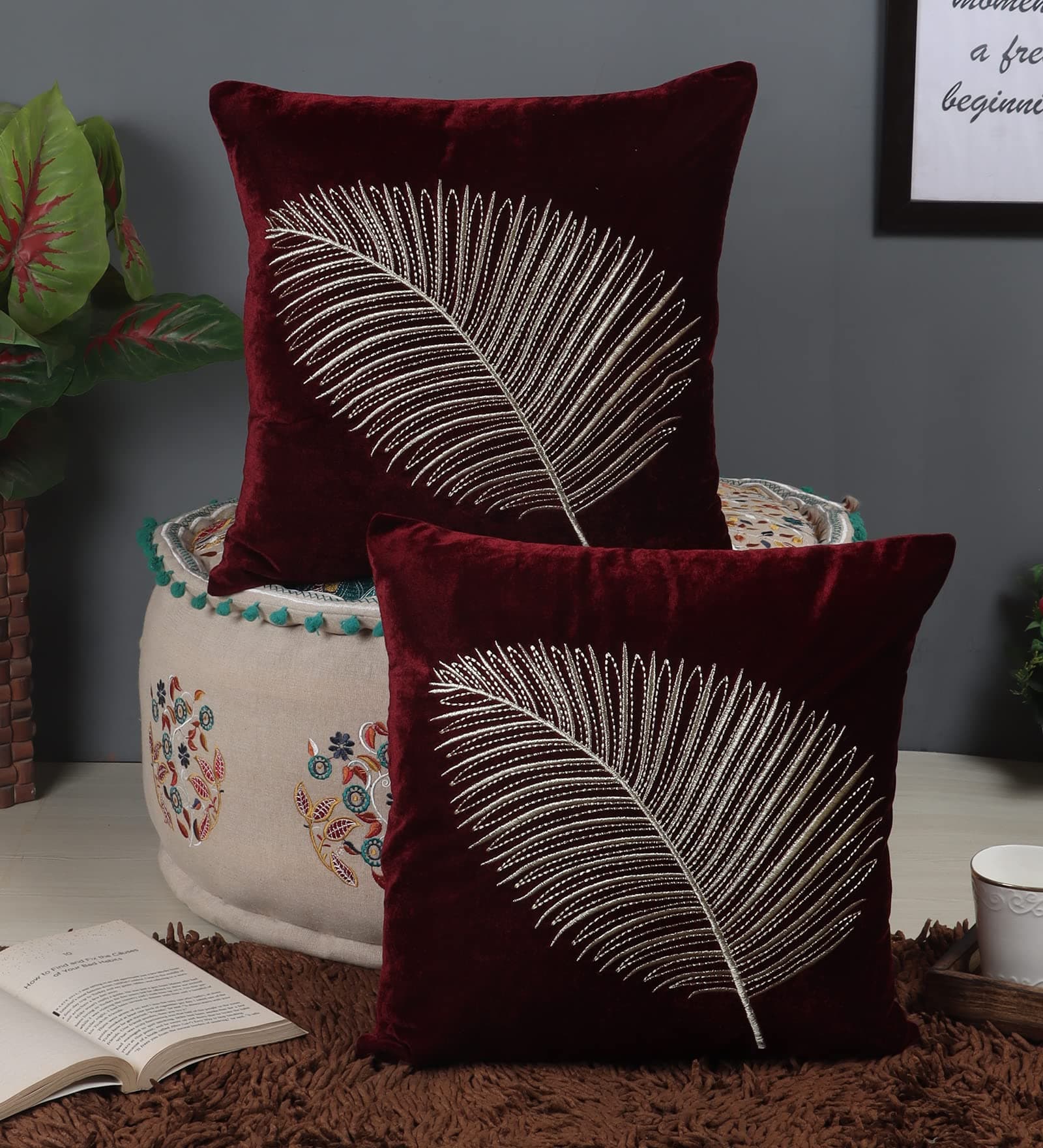 Decoghar Polyester | Wine | Handmade Sofa 200 TC Cushion Covers 18 X 18 In | Set Of 2 With Golden Zari Leaf Embroidered Square Throw Pillow Cushion Cover For Decorate Your Room | 45X45 Cm