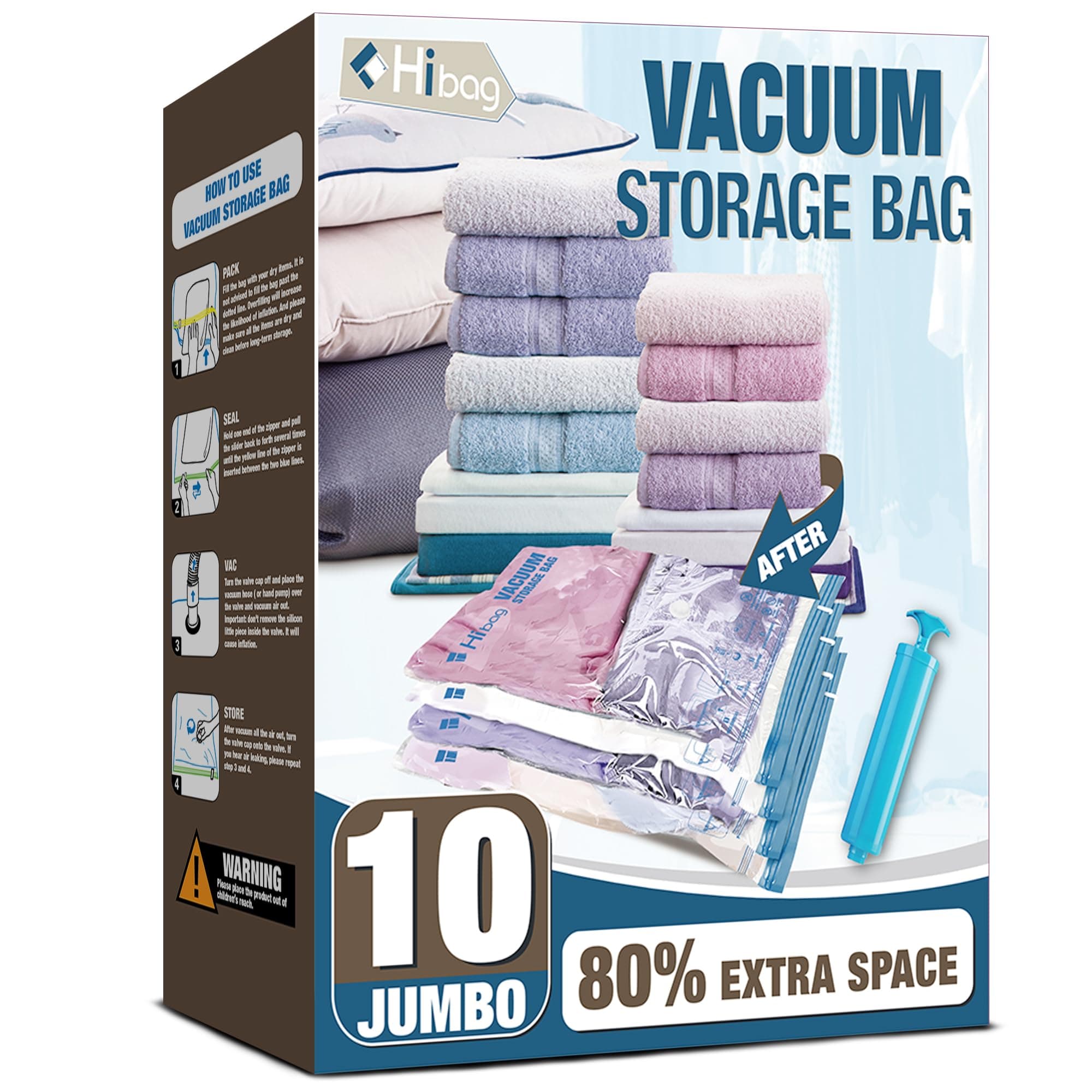 10 Jumbo Vacuum Storage Bags for Bedding, Vacuum Seal Bags for Clothing | Extra Large XL, Airtight Triple Seal, Save 80% Space, Hand Pump, Work with Vacuum, Double Zip, Reusable, Easy to Use
