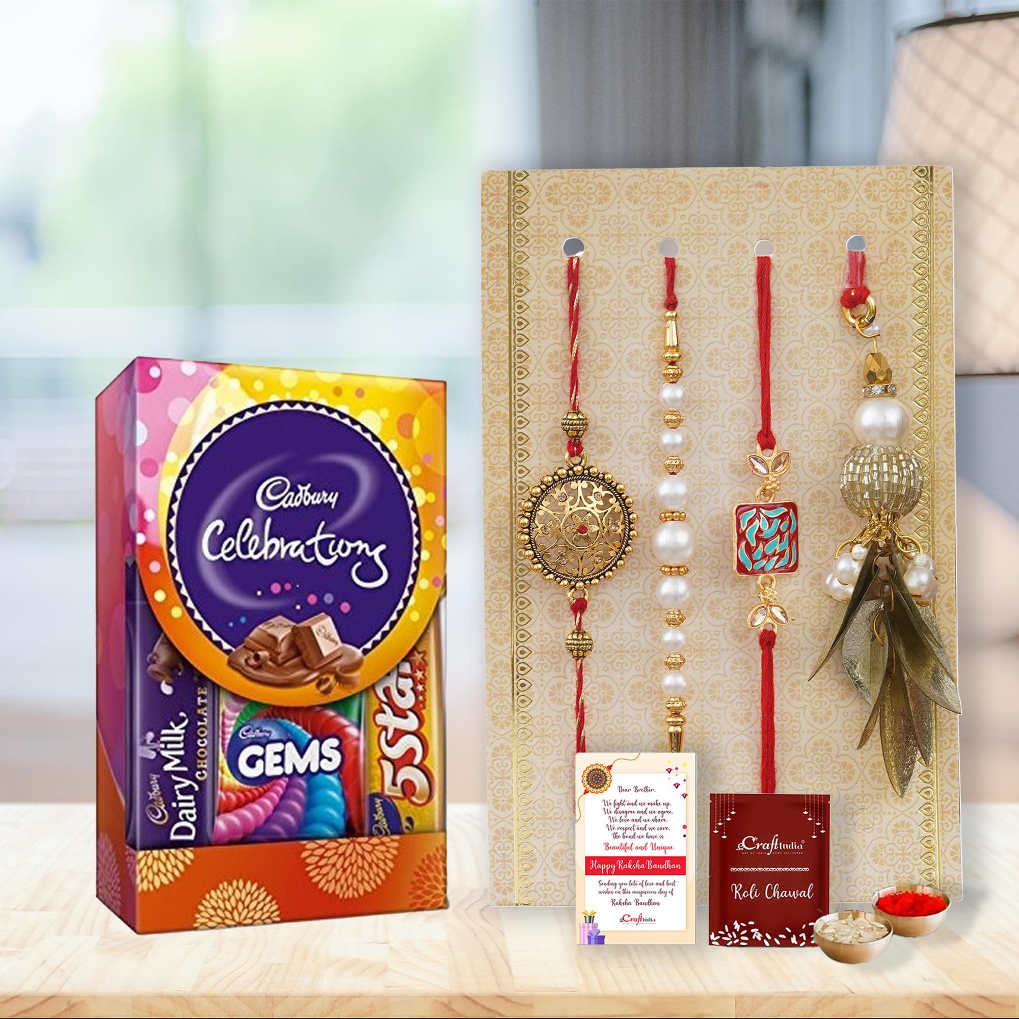 eCraftIndia Set of 4 Rakhi for Brother with Chocolate | Floral Pearls Diamonds Lumba Designer Rakhis with Cadbury Celebrations Greeting Card | Roli Chawal | Lumba Rakhi for Sister in Law