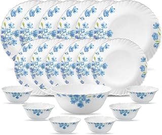 La Opala Diva Classique Collection Opal Glass Crockery | for Family of 6 | Dinner Set 19 pcs Aster Blue | Plates & Bowls for Dining | Microwave Safe | 100% Vegetarian | Extra Strong | White