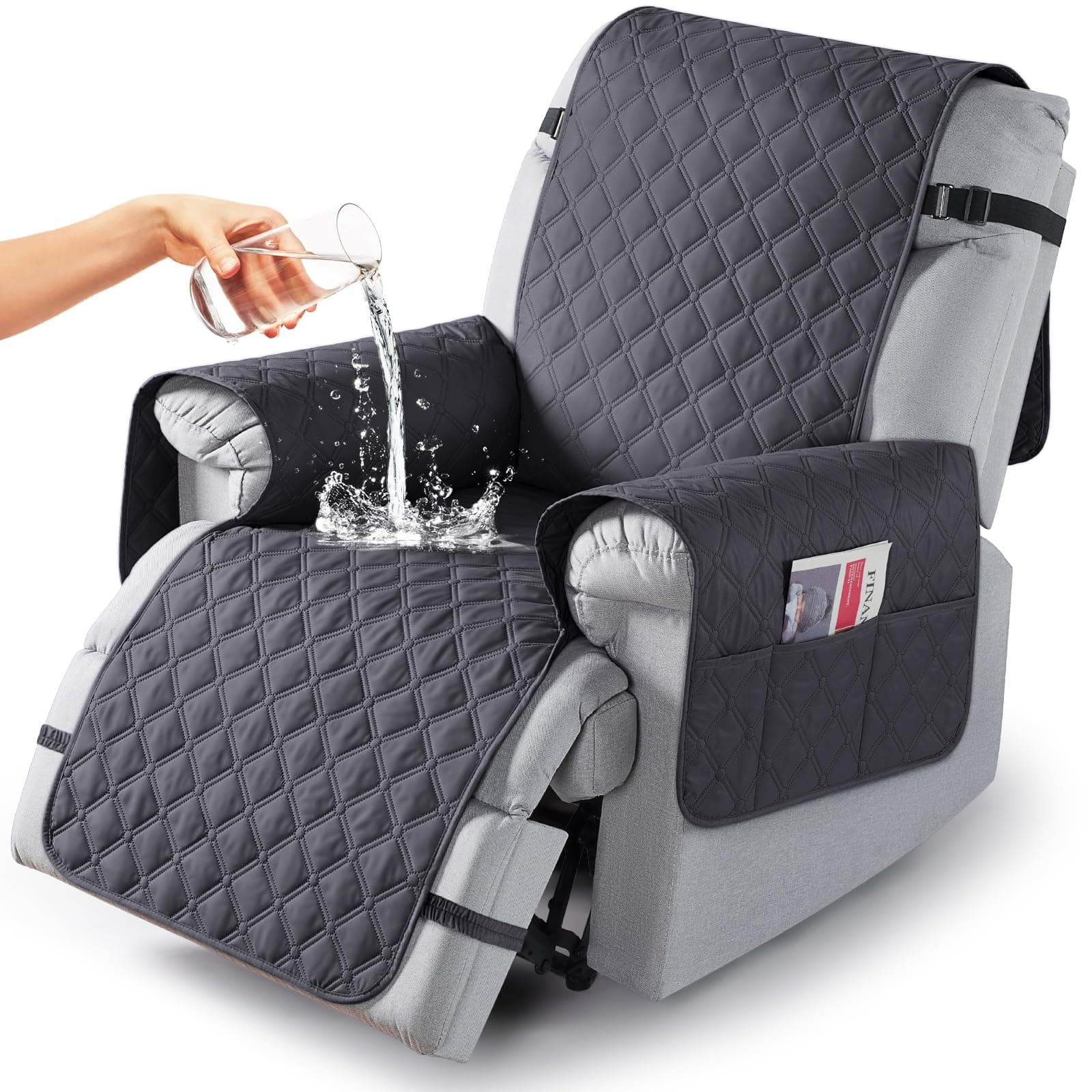 TAOCOCO 100% Waterproof Recliner Covers, Recliner Sofa Covers with Leg Straps, Reversible Recliner Couch Cover for Reclining Chair, Washable Couch Protector for Pets Kids(1 Seater 22", Deep Gray)