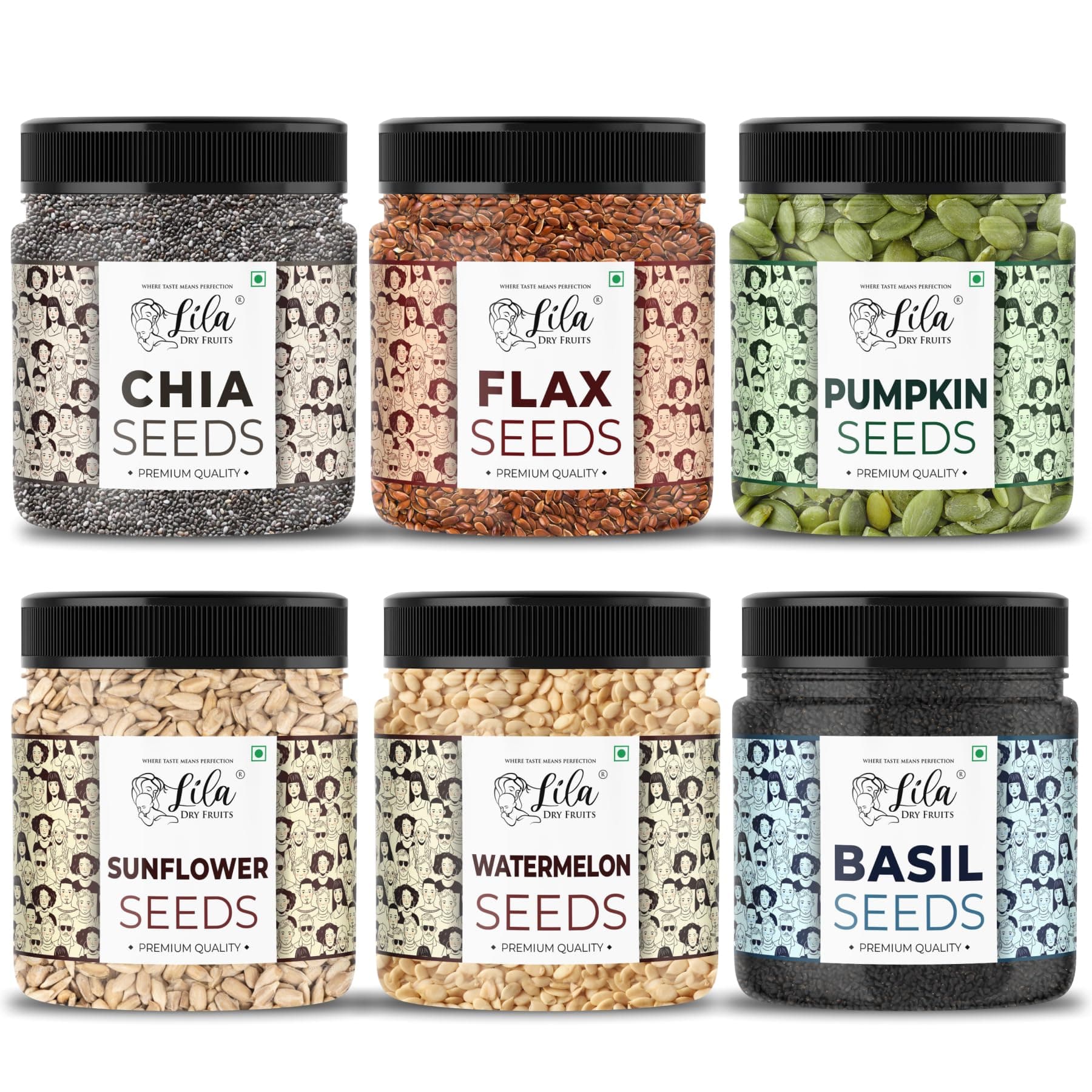 LILA DRY FRUITS 6 Superseed Combo (Basil, Chia, Sunflower, Watermelon, Pumpkin & Flax) 6 x 250 Gms Healthy Combo for Immunity Weight Loss Mix Seeds for Diet Superfood Snacks Perfect for Gifting