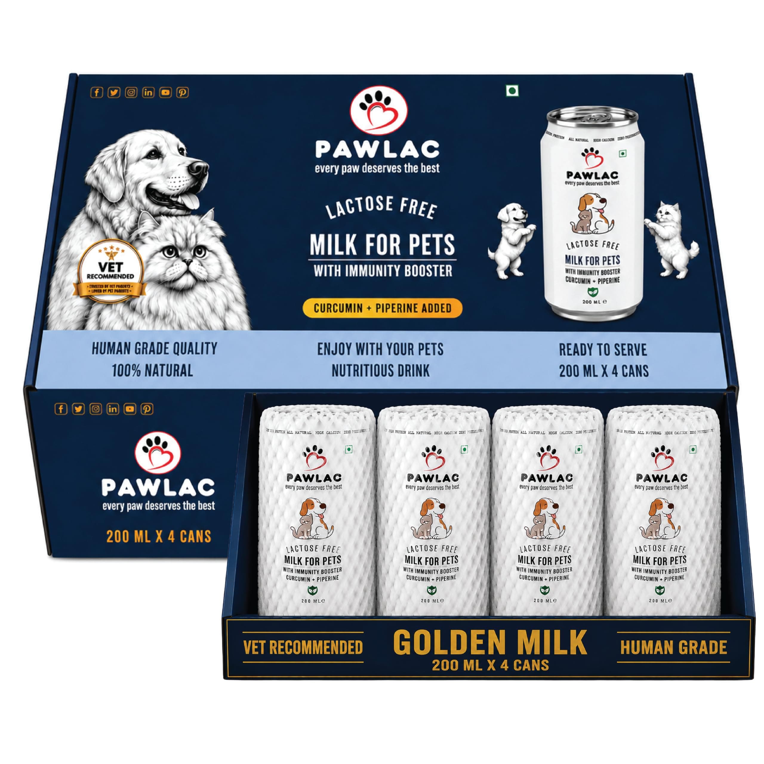 Pawlac Milk for Dogs & Cats | Lactose-Free Milk Replacer | Protien Rich | Milk replacer for kitten & Puppy | Nutrition for All Ages | Rich in protien | Ready-to-Serve | 200mL, 4 Pack