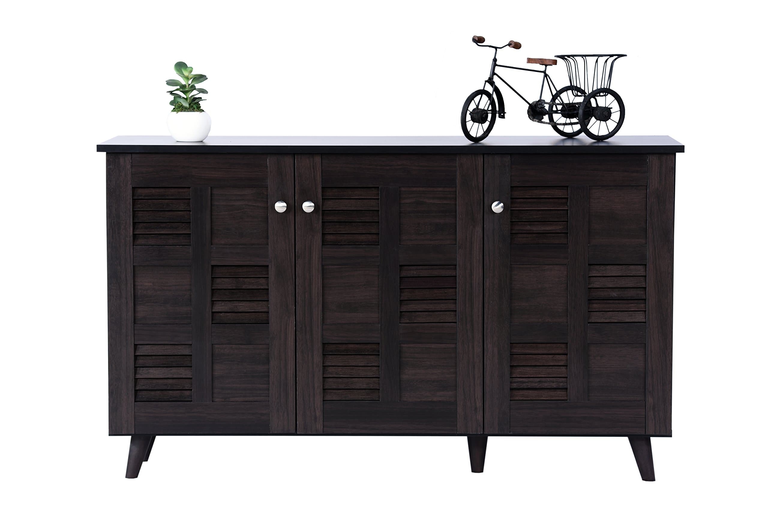 DeckUp Cove 3-Door Engineered Wood Shoe Rack with Wooden Legs (Dark Wenge, Matte Finish)