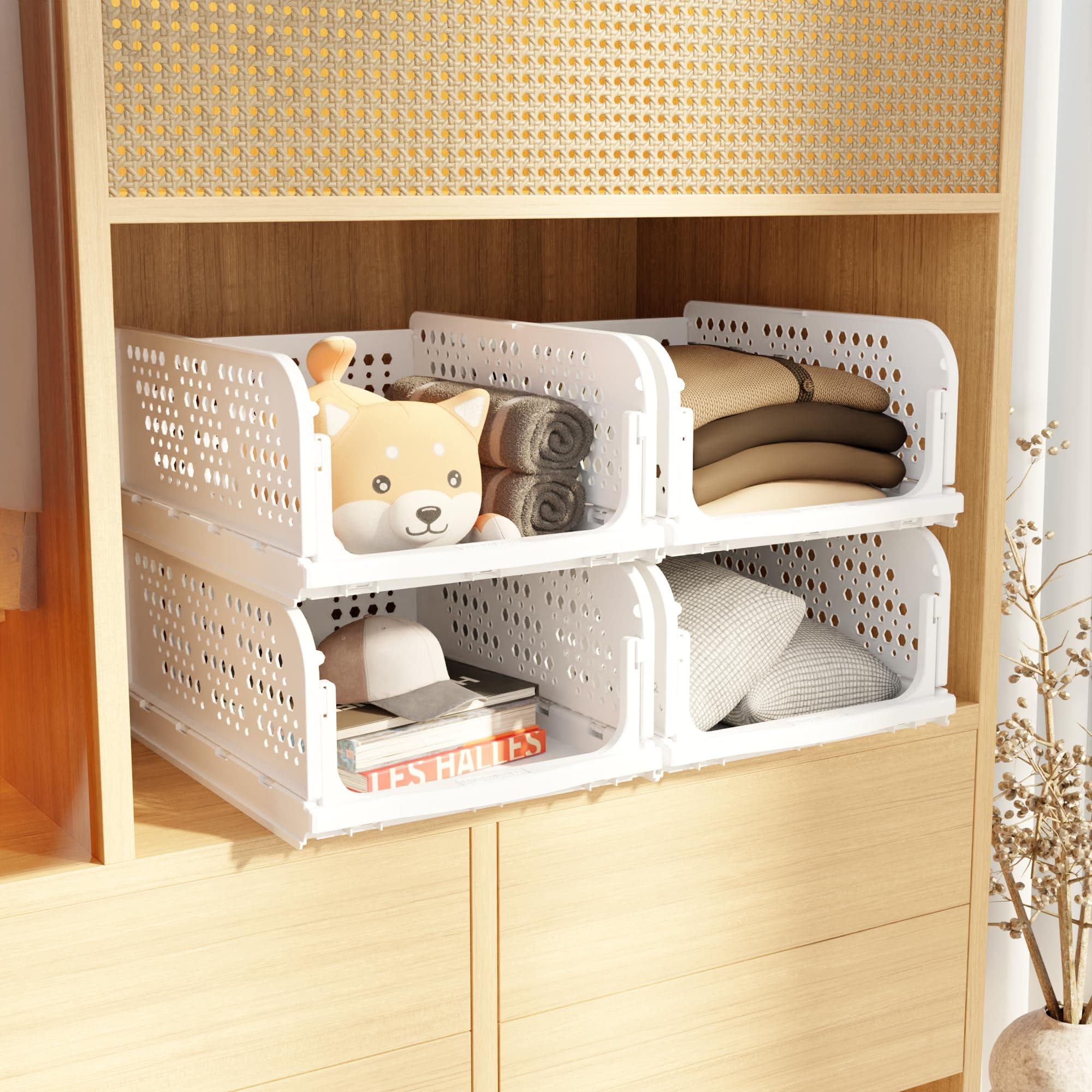Amazon Basics plastic Clothes Organizer for Wardrobe| Foldable & Stackable Closet Organizer| Shirt Storage Stacker for Wardrobe| 4 Pieces| White| Drawer Organizers| 33L x 44W x 19H cm