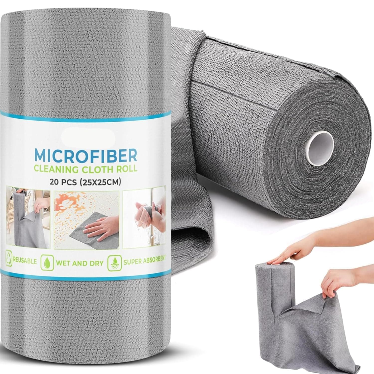 Microfiber Cleaning Cloth Roll Kitchen Towel Reusable Wipes Lint Free Dusting Cleaning Cloths Kitchen Cleaning Clothes Glass Cleaning Cloth Home Essentials Kitchen Cloth Roll (Grey, 1 roll 20 pcs)