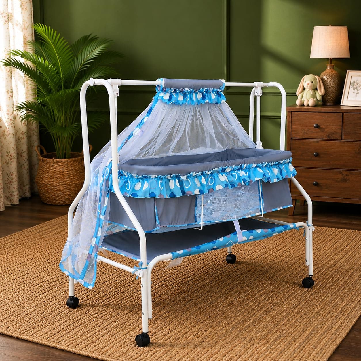 Kiddery Ares | Cradle for Baby | New Improved Mattress Design | Mosquito Protection Net | Smooth Swing | All Wheel Lock | Palna | Jhula | Uyyala | 0-10 Months | Blue