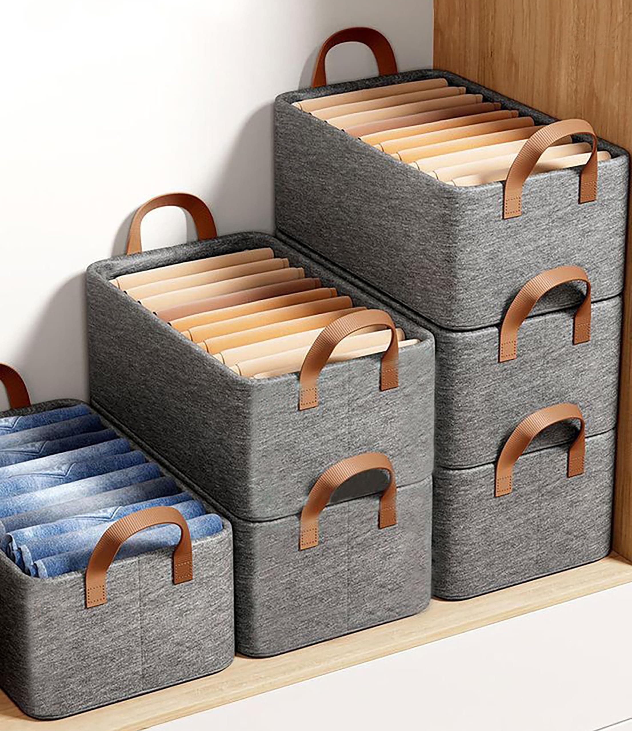 Yellow Weaves 1 Pc Wardrobe Organizer for Clothes, Foldable Clothes Storage Baskets for Wardrobe, Toys, Books, Saree, Shirts, and Blankets Storage Box with Handles - Grey