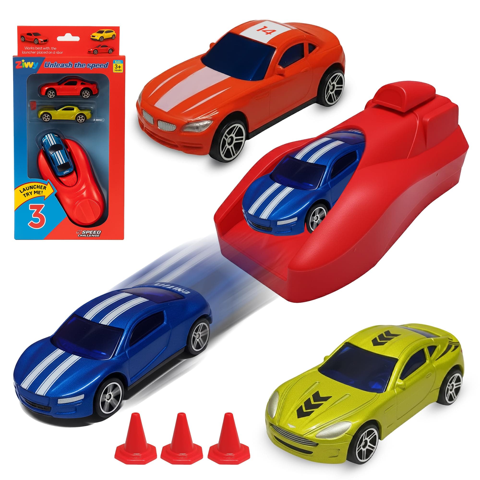 Zivvy Die Cast Metal Car Toy Set of 3 with Cones | Multicolor Mini Racing Toy Cars High Speed Free Wheel | Small Car Toys for Kids Boys & Girls 2-5 Years | Unbreakable Toy Car Gift Set 3-8 Years