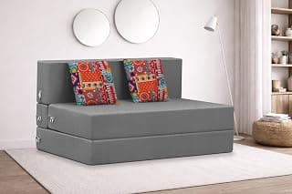 Rosebell Two Seater Foldable Sofa Cum Bed (4x6 Feet) ? Jute Fabric, Washable Removable Cover, Includes Cushion | Space Saving Convertible Sofa Bed for Home, Office & Guests - Grey