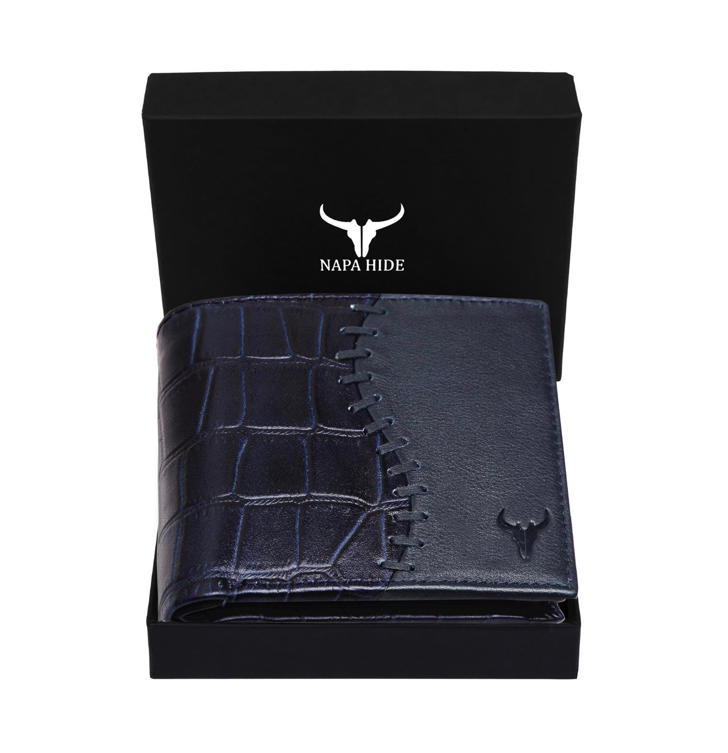NAPA HIDE Blue Leather Wallet for Men I 4 Card Slots I 2 Currency Compartments I 1 ID Window I 3 Secret Compartments I External Card Slot I 1 Coin Pocket