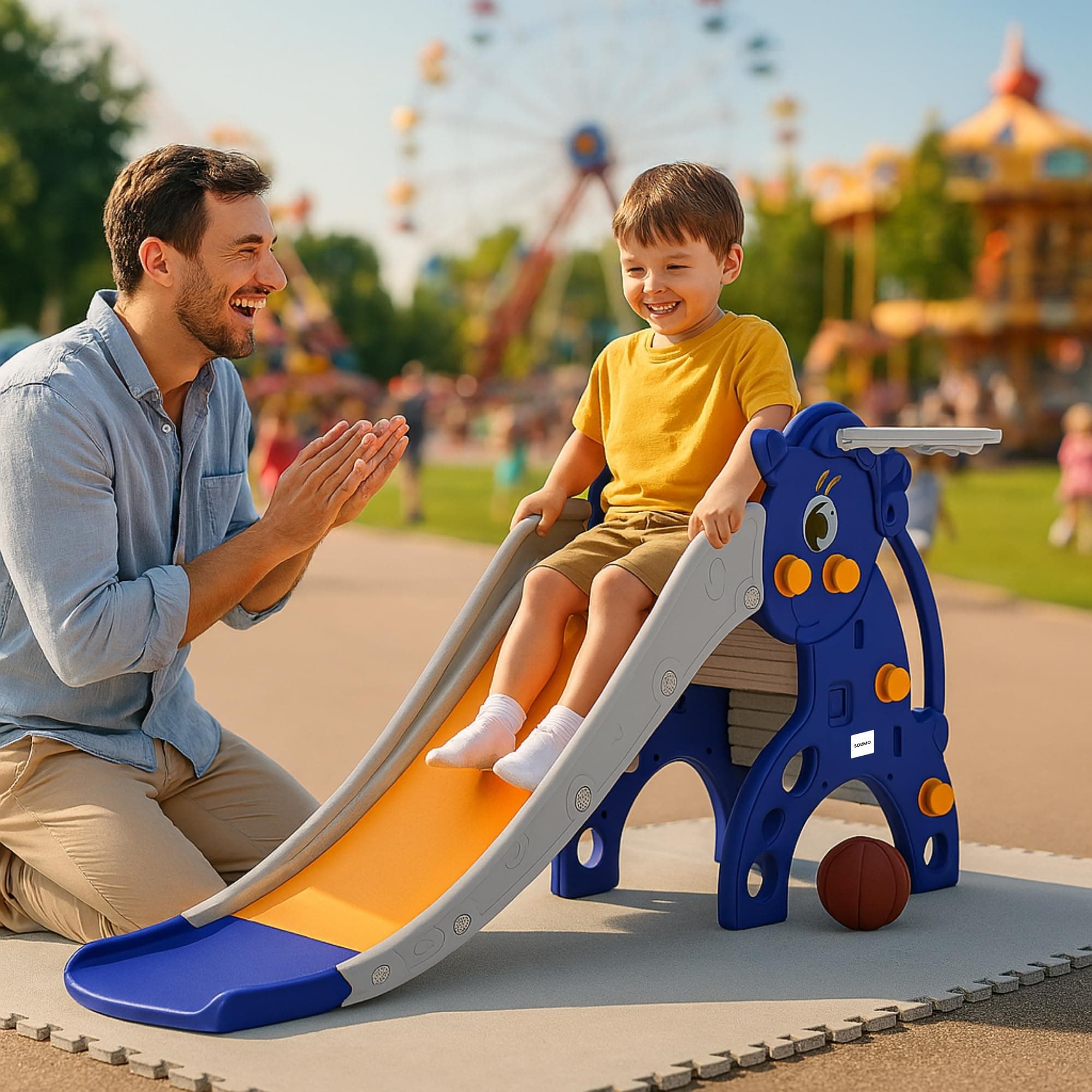 Amazon Brand - Solimo Modern Unicorn Slide-Junior for 2-5 Year Kids| Indoor Outdoor SlideIwith Basketball RingIEasy to CleanIRounded EdgesIEasy AssemblyISmall 42 X 62 X 75cmIBlue&Orange