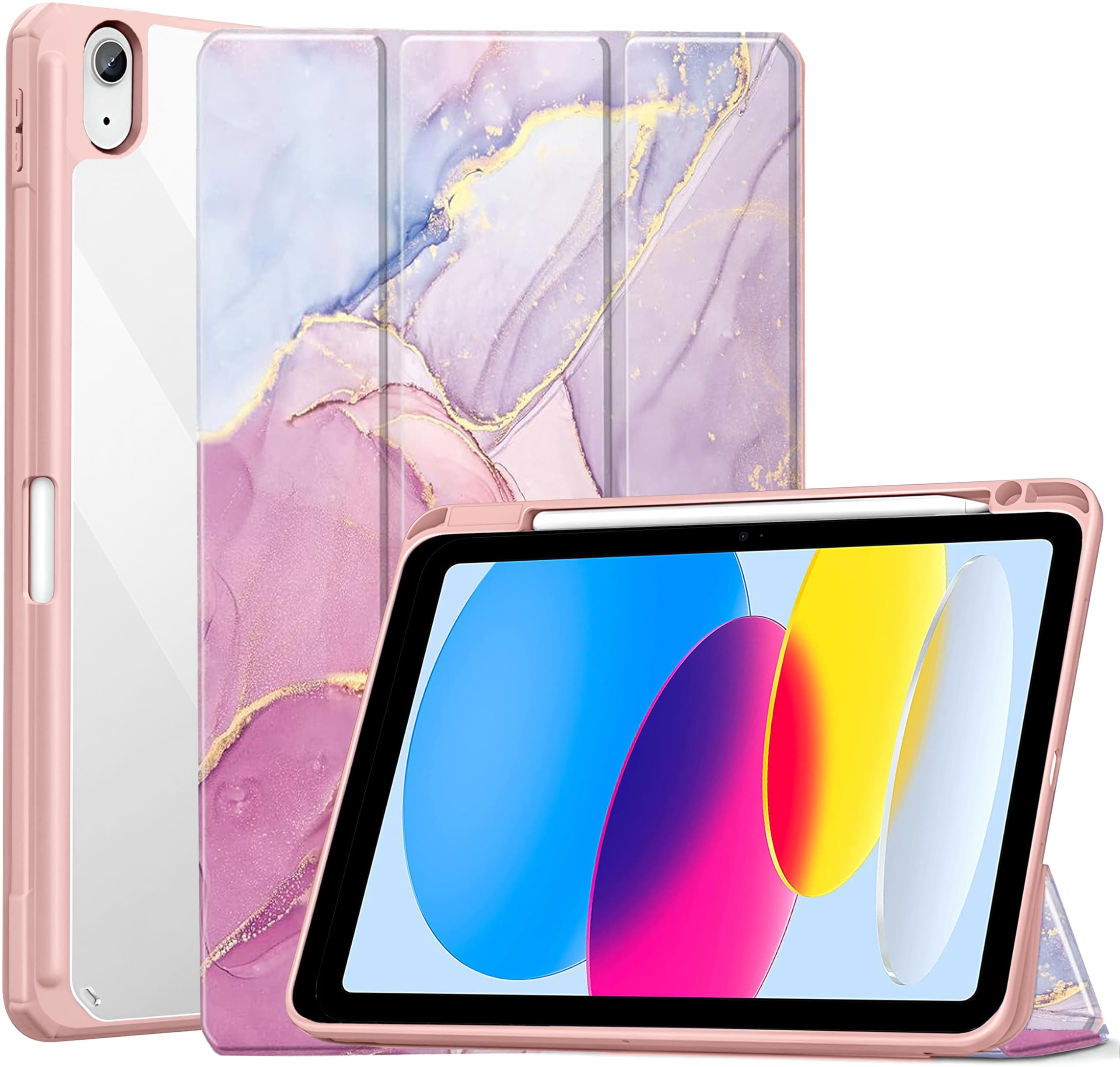 ProElite Case Cover for Apple iPad (A16) 11th/10th Generation (2025/2022), Transparent case Cover with Pencil Holder for iPad 11th/10th Gen 2025/2022, Marble Rose Pink