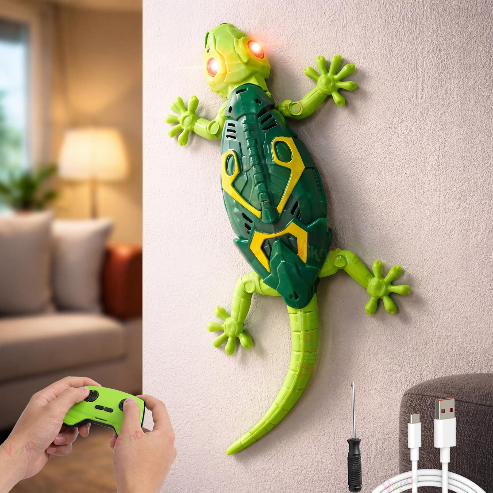 VikriDA Wall Climbing RC Toy with Remote Control, Rechargeable Creepy Crawler Climbs Walls & Ceilings, Glowing Eyes Prank Toy for Kids Boys Girls Birthday Gift (Green)