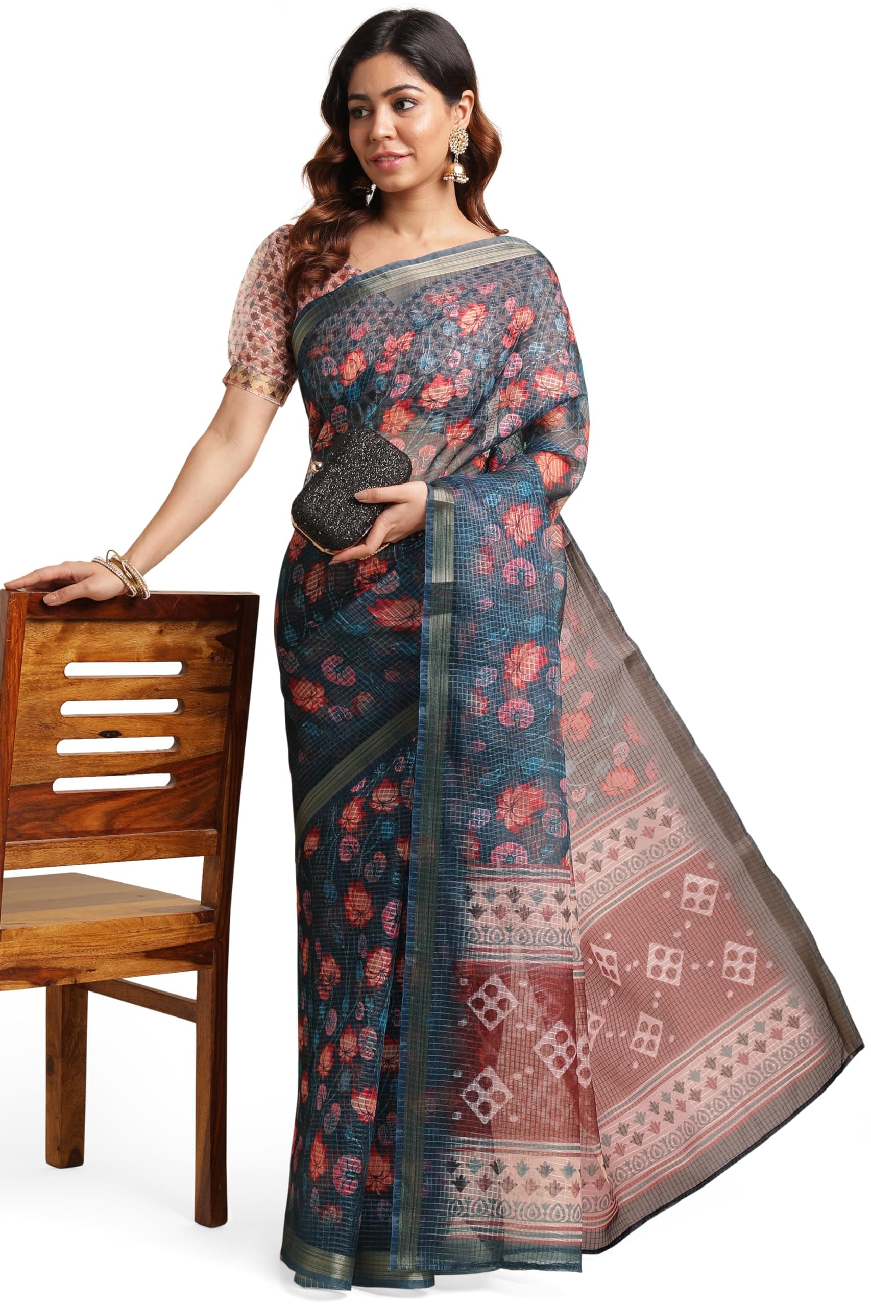 MIRCHI FASHION Lightweight Kota Doria Cotton Saree | Floral Printed Summer Saree for Women | Breathable Ethnic Daily Wear Saree with Blouse Piece