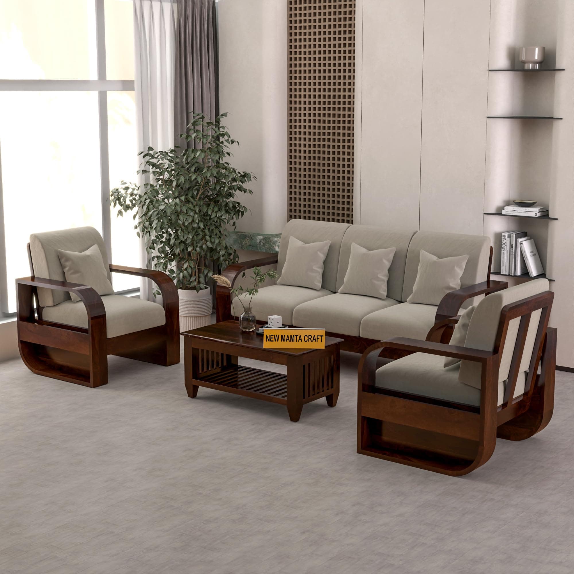 NEW MAMTA CRAFT Sheesham Wood 5 Seater Sofa Set for Living Room, Wooden Sofa for Living Room Furniture 3+1+1 Sofa Set, 5 Person Sofa (Walnut Finish,40 Density,Beige Cushion)