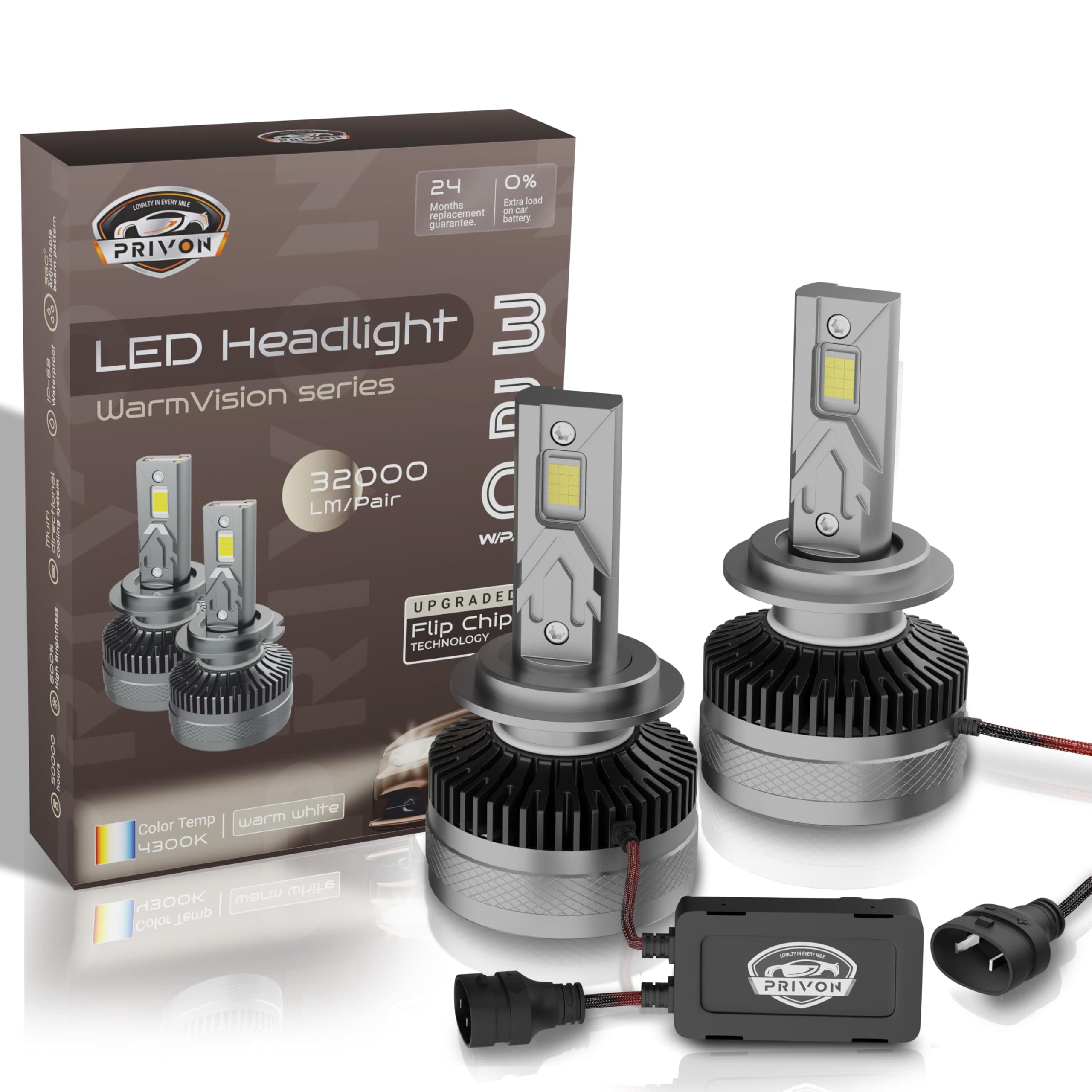 PRIVON 320W Warm White HIR2(9012) LED Headlight Bulb - 32000LM 4300k, 2 years Replacement Guarantee, Plug & Play, Error-free CANBUS, IP 68 waterproof - pack of 2 (160W each bulb, HIR2(9012))