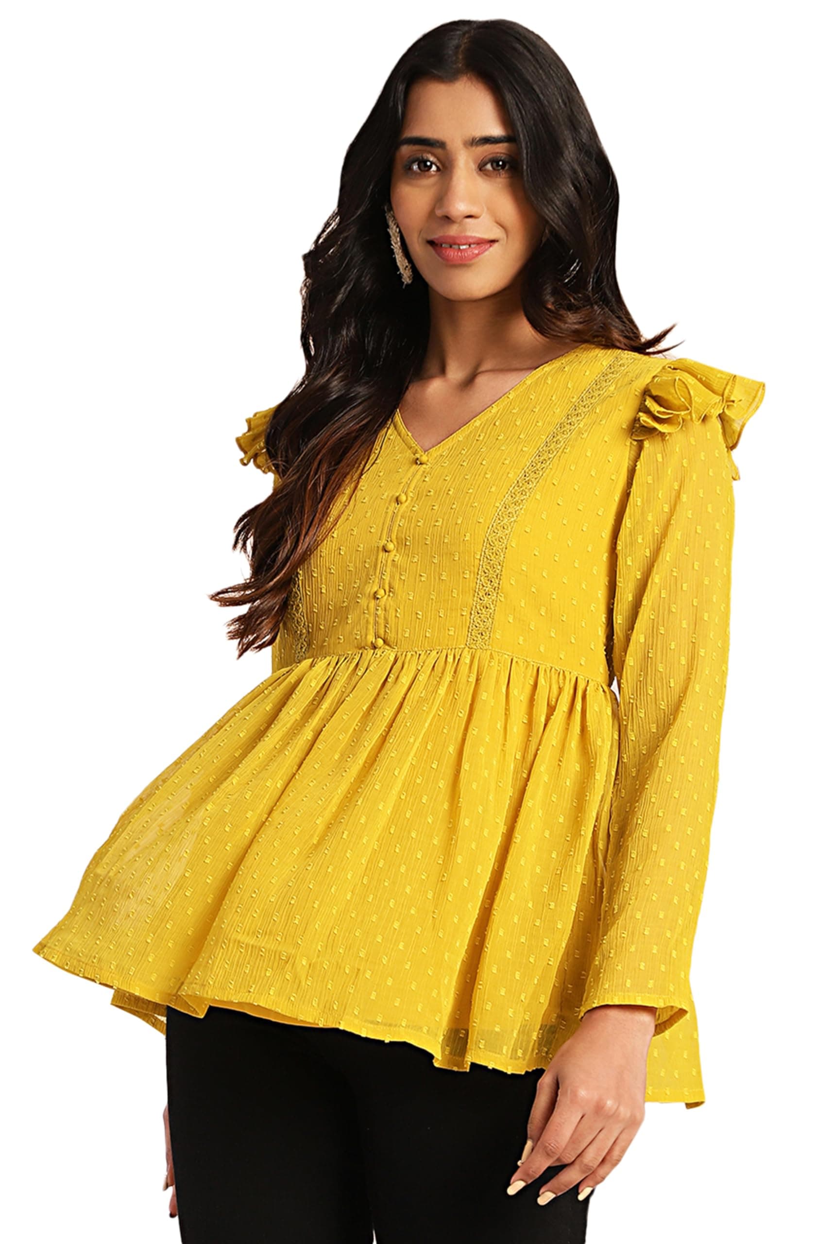 Janasya Women's Dobby Chiffon Peplum Top