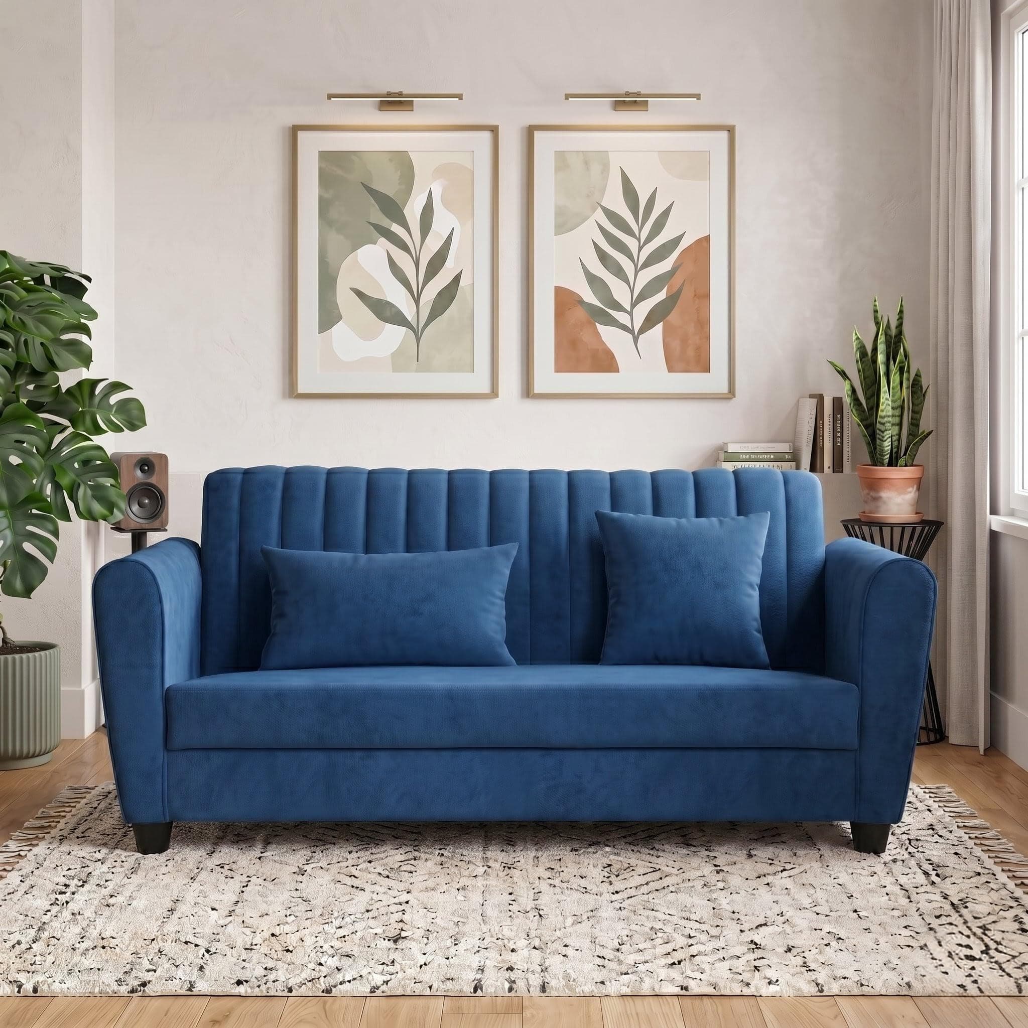 VANSH FURNITURE Velvet 2 Seater Sofa, Chesterfield Tufted Sofa with Nailhead Trim, Rolled Arm Sofa with Wood Legs for Living Room & Office (Blue)