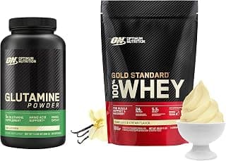 OPTIMUM NUTRITION (ON) Gold Standard 100% Whey Protein Powder 1 Lbs, 454 G (Vanilla Ice Cream) & L-Glutamine Powder, 250 Gram, 1 Scoop