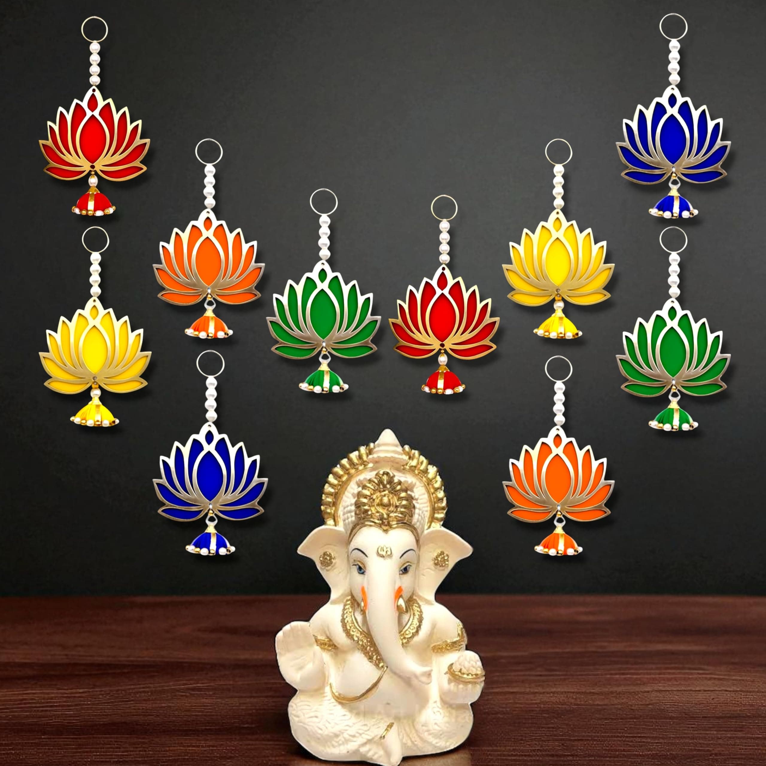 Rajasthan Kraft Pack of 10 Handmade Multicolor MDF Lotus Door Hanging with Woolen Topi & Beads Traditional Entrance & Wall Decor for Makar Sankranti, Lohri, Weddings & Housewarming 6 Inch(RK-H-211-10)