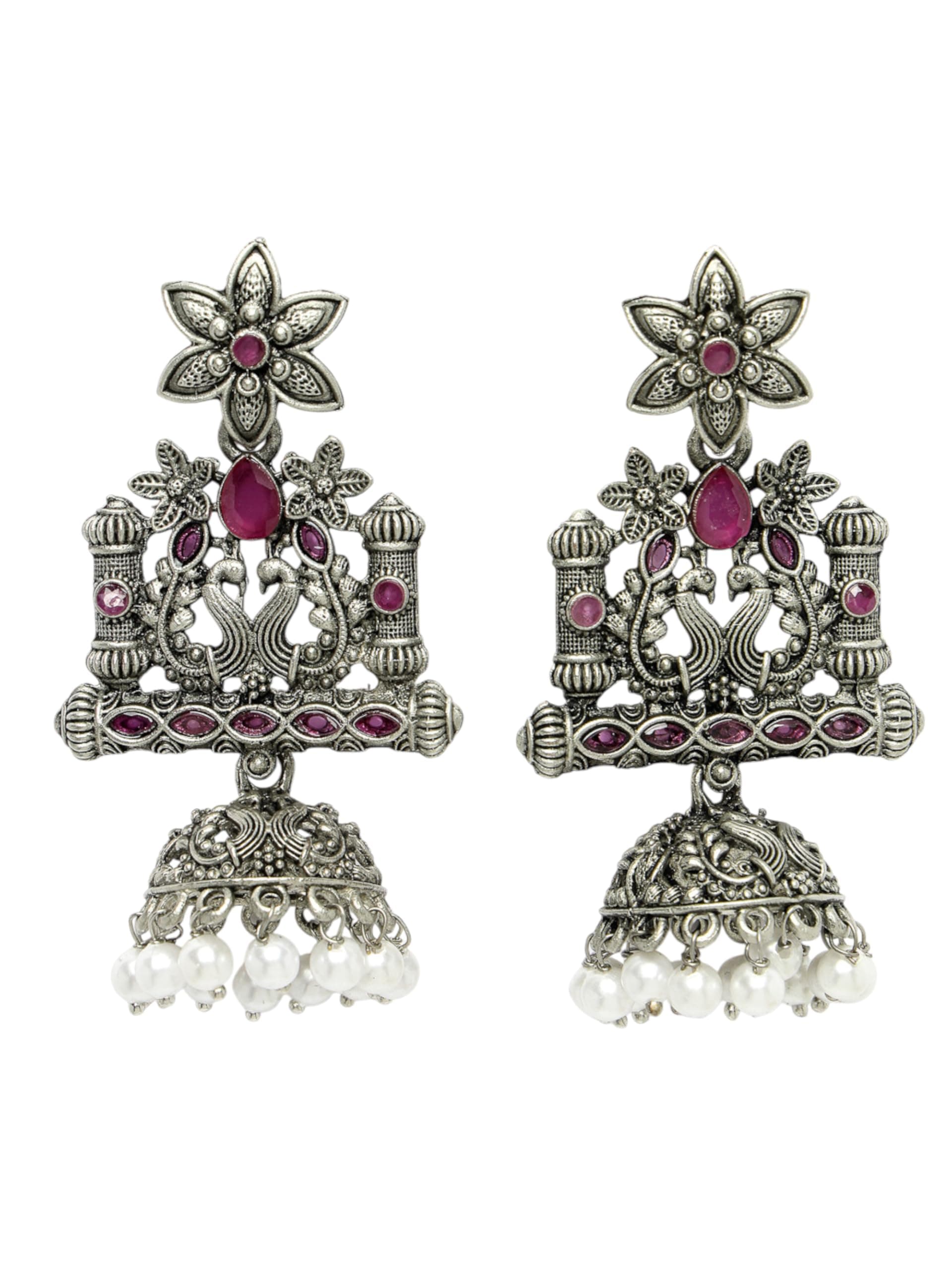 ADIVA Oxidised Silver-Plated Pink & Green Stone & Pearl Peacock Shaped Jhumka Earrings
