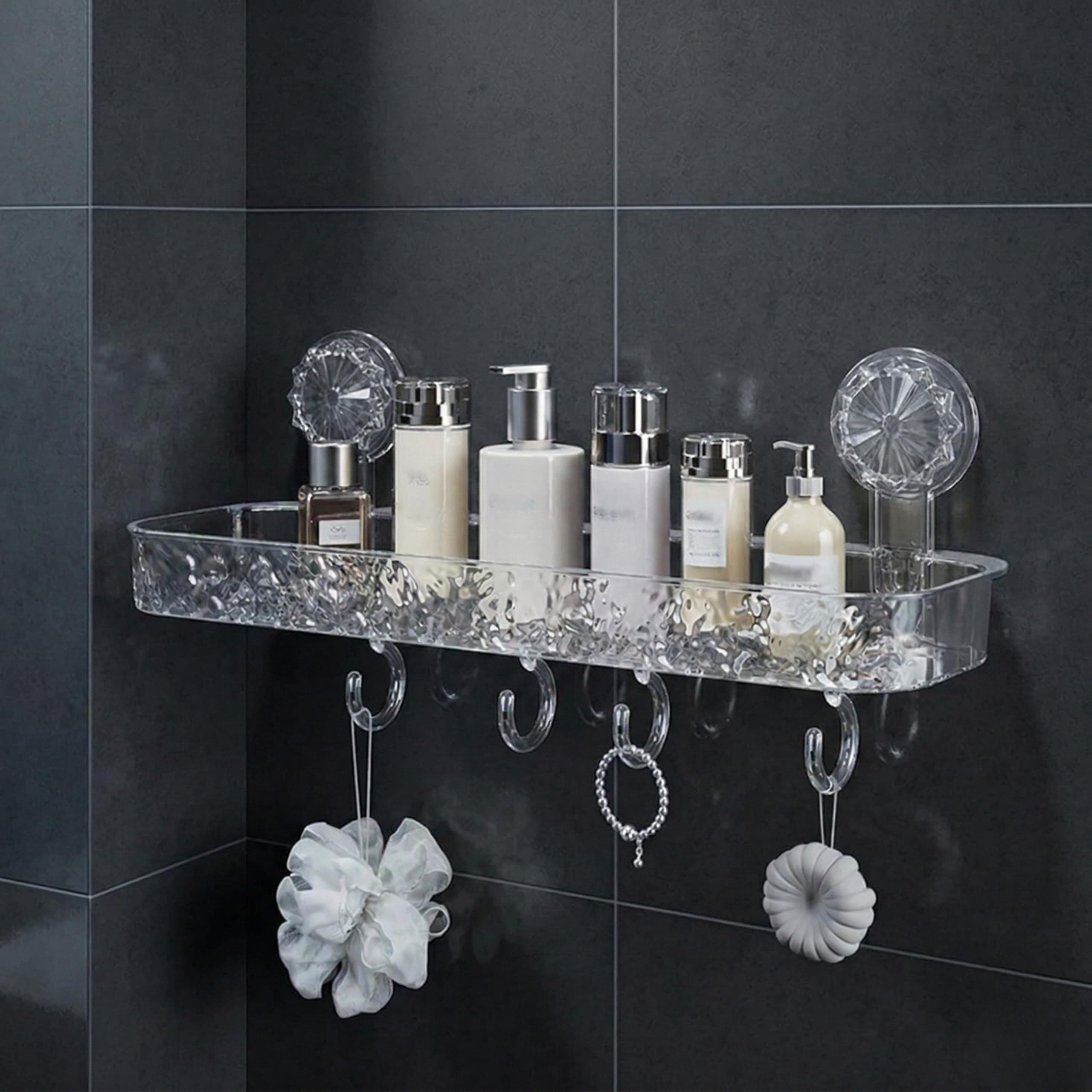 LINEAR Wall Mounted Bathroom Shelf Organizer with Hooks, Self Adhesive Plastic Storage Rack, No Drill Waterproof Shower Shelf, Transparent Crystal Design, Strong Suction Holder (1, Rectangular)