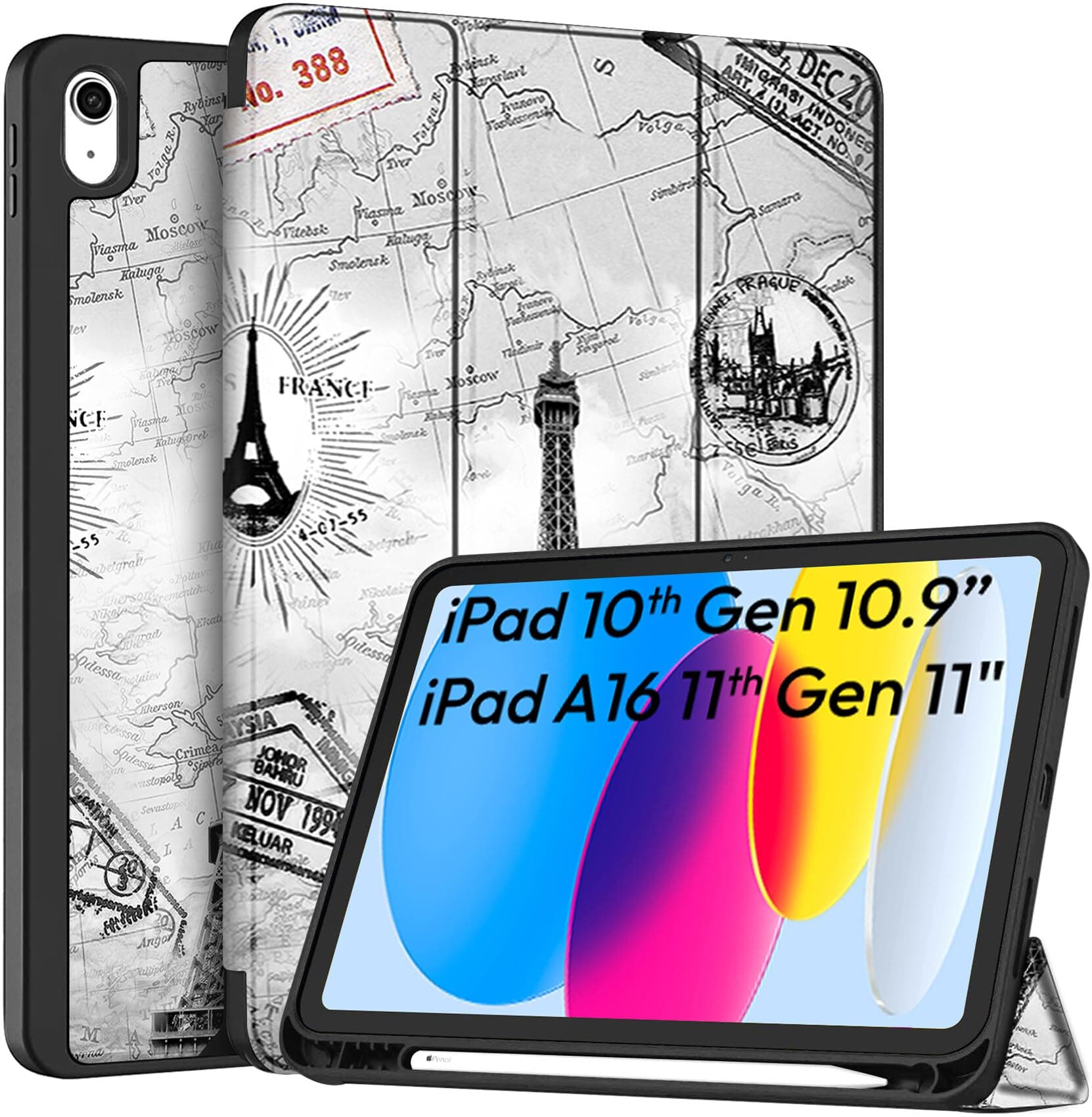 Robustrion Case for iPad 11th Gen (A16) / 10th Generation Cover Case (2025/2022), Smart Flexible Trifold Flip Stand Cover [Pencil Holder] for iPad 10th Gen / 11th Generation [Auto Sleep Wake] - Eiffel