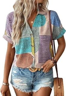 Gufrina Women's Colorful Abstract Geometric Print Shirt, Half Sleeve, Collar Neck, Casual Button-Up Top, Rayon Fabric