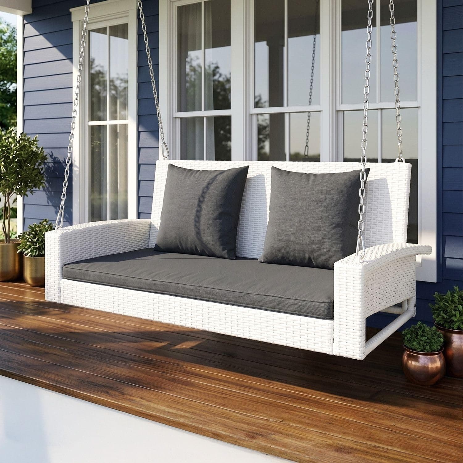 DEVOKO All Weather Resistant Rattan Wicker Double Seater Sofa Swing with Cushions for Garden, Poolside, Terrace, Balcony (White & Dark Grey)